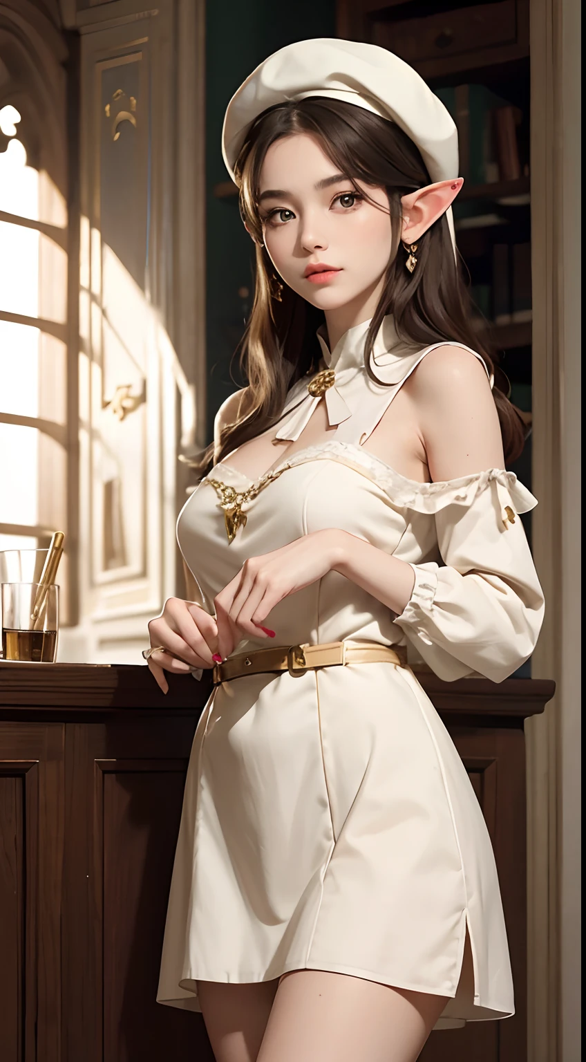 masterpice, best quality,a raw photo of a stylish woman with ealf ears, she is young, she is cute, she is wearing a beret, she has an soft expression, soft smile, gentle, feminine, photorealistic, (perfect face), expressive eyes, award winner image, perfect lighting, great composition, 4k, perfect color scheme,asthetic, (elf ears), elegant dress, golden details