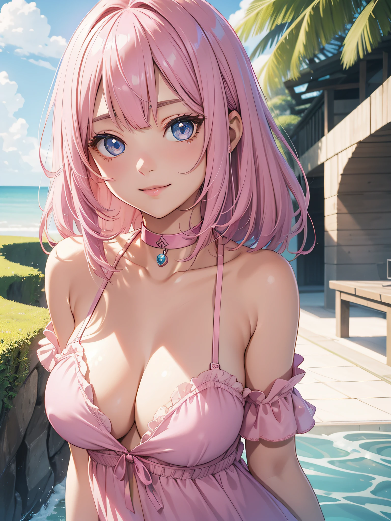 Official art、Top quality ultra-detailed CG art、a beauty girl：１.２）、Pink hair、Glossy hair、smooth hair、large blue eyes,Mid summer、kawaii、The sky is beautiful、Cute、bob cuts、Pink choker、Light blue swimsuit、ssmile、