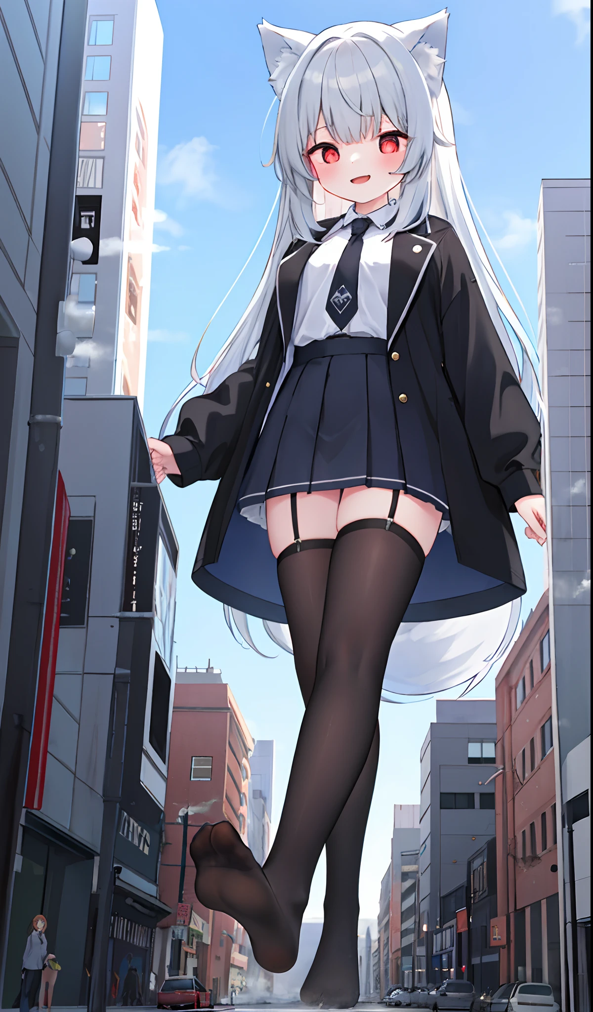 1girll, ,  full bodyesbian, Bigger than the building,No shoes，{Black stockings}，Black jacket with white shirt ，Blue tie，Dark gray hair，Wolf ears，Light red eyes，A cold expression， Destroyed buildings, GTSCity, As a giantess, Bright pupils, Smile, Naughty face, 16k, High quality, High details, Anatomically correct, Textured skin，The feet emit steam，Fleeing crowds，