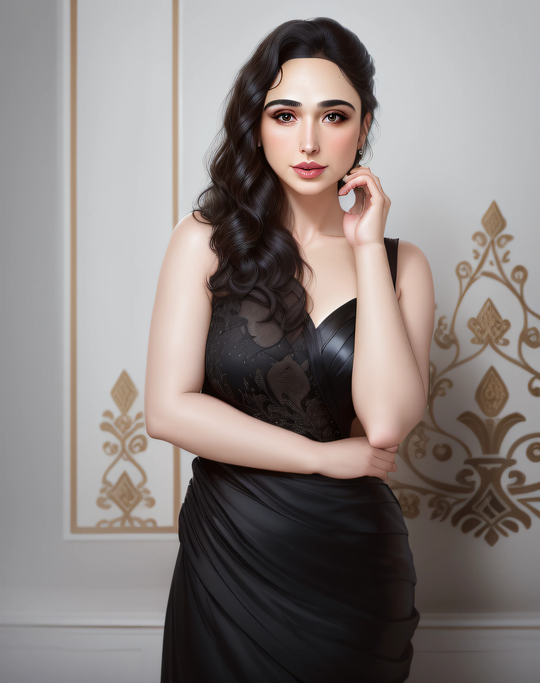 there is a woman in a black dress posing for a picture, pale-skinned persian girl, an elegant woman in black dress, beautiful jewish woman, high quality portrait photoshoot, medium portrait soft light, beautiful iranian woman, elegant portrait, portrait image, studio photography portrait, glamour portrait, classical portrait, studio portrait photo, mid shot portrait, ((gal gadot))