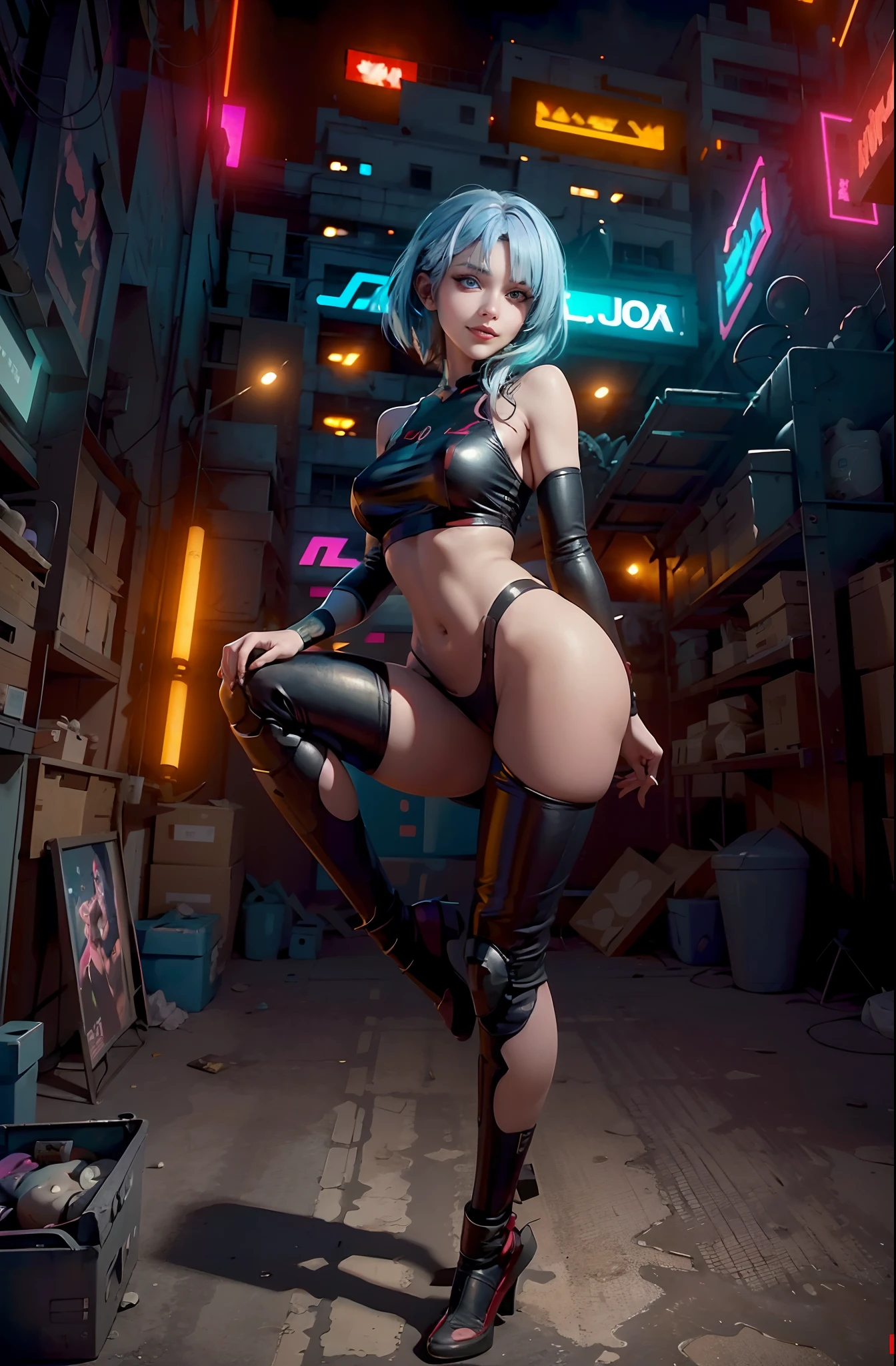 Cyberpunk，Masterpiece, Best quality, 32k ULTRAHD, insanely details, Intricate details, ultra - detailed, hyper qualit, High detail, Ultra detailed, Masterpiece, Girl with beautiful face，robot, In a meticulous realist style, 32k ULTRAHD, high-quality photo, beautidful eyes, Mechanical parts exposed, Blue hair,Smile，Sexy,full bodyesbian,Fleshy legs，Cyberpunk Street background