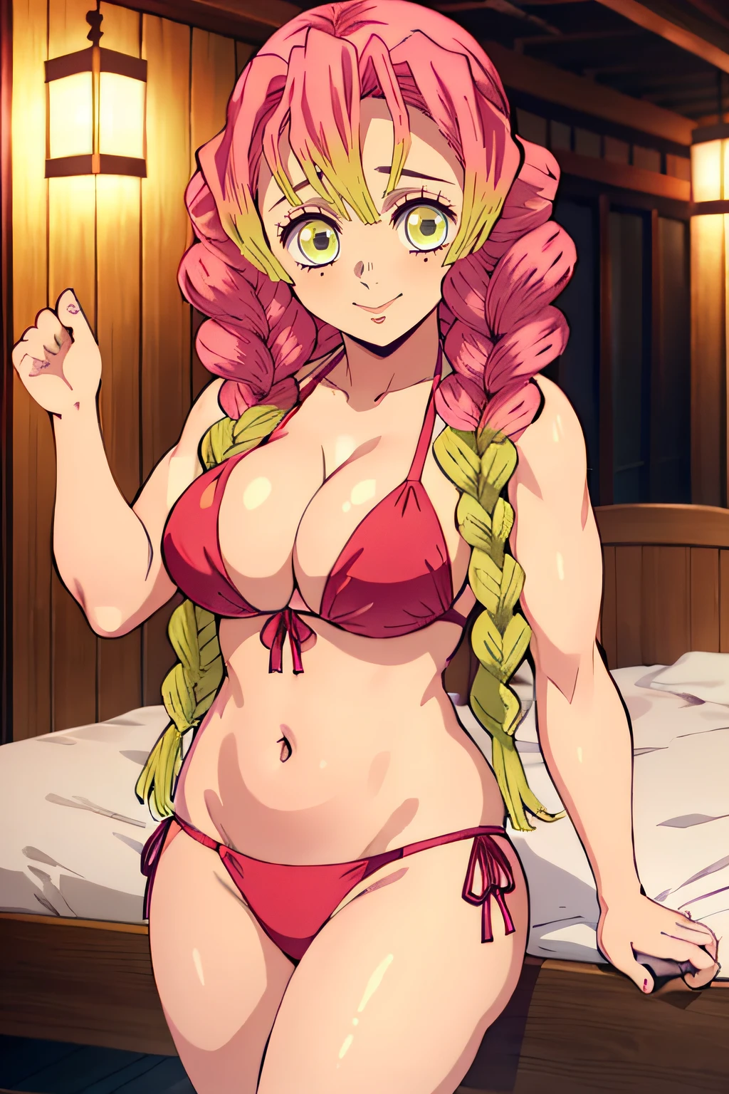 (obra maestra, mejor calidad), 1chica, MitsuriKanroji, deslumbrante, sonrisa, seno, Axilas, barriga, Muscle, , cama, Noche, red bikini, bikini red