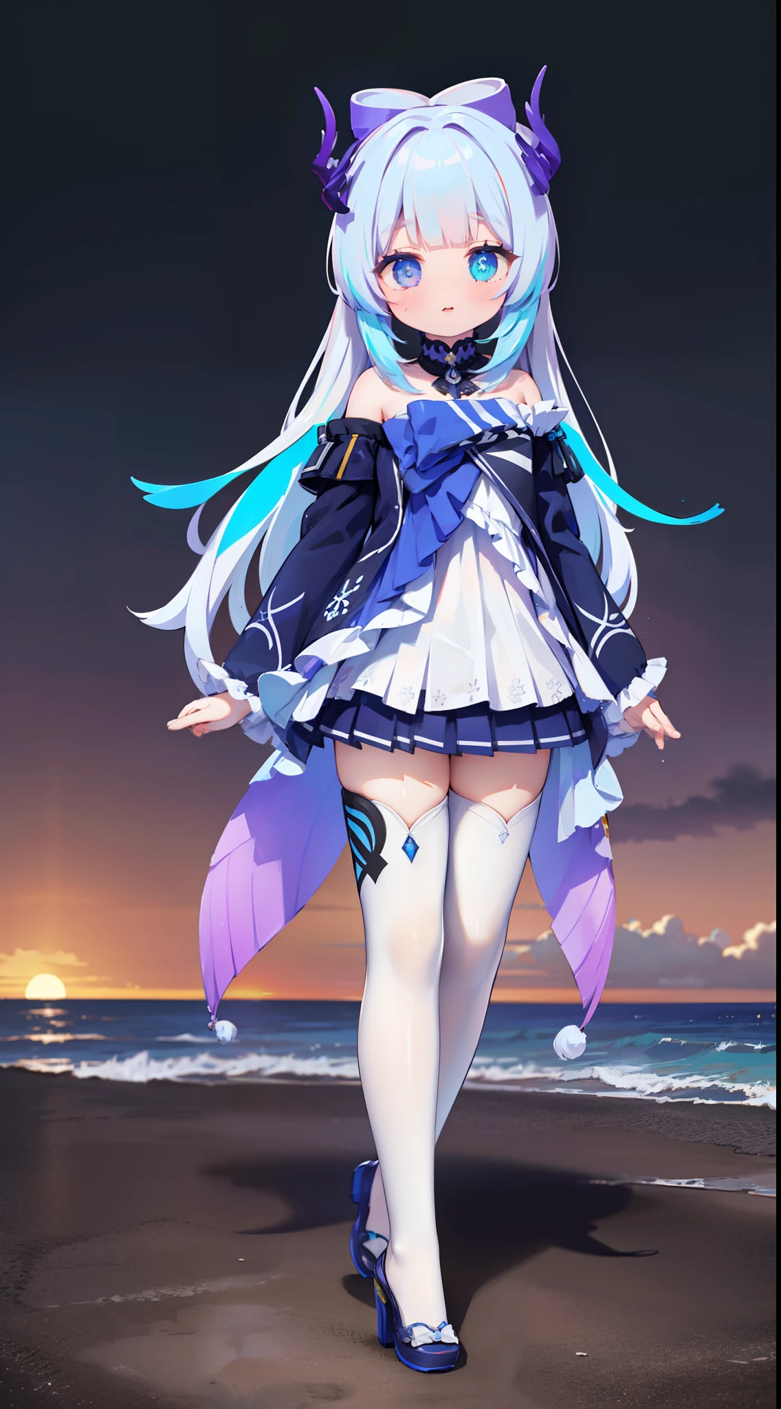 , Arknights style, looking at viewert, Extremely detailed Cg Unity 8K wallpaper, Face the viewer， ((Colorful:1.1)), ((Colored inner hair:1.4)), solo  1girl, Solo, White hair, Long hair, whaite hair,  Devil Eyes, Heterochromia,  Award-Awarded, Lolita wears a short skirt，Hosiery，high-heels，k hd, 4K，beachside