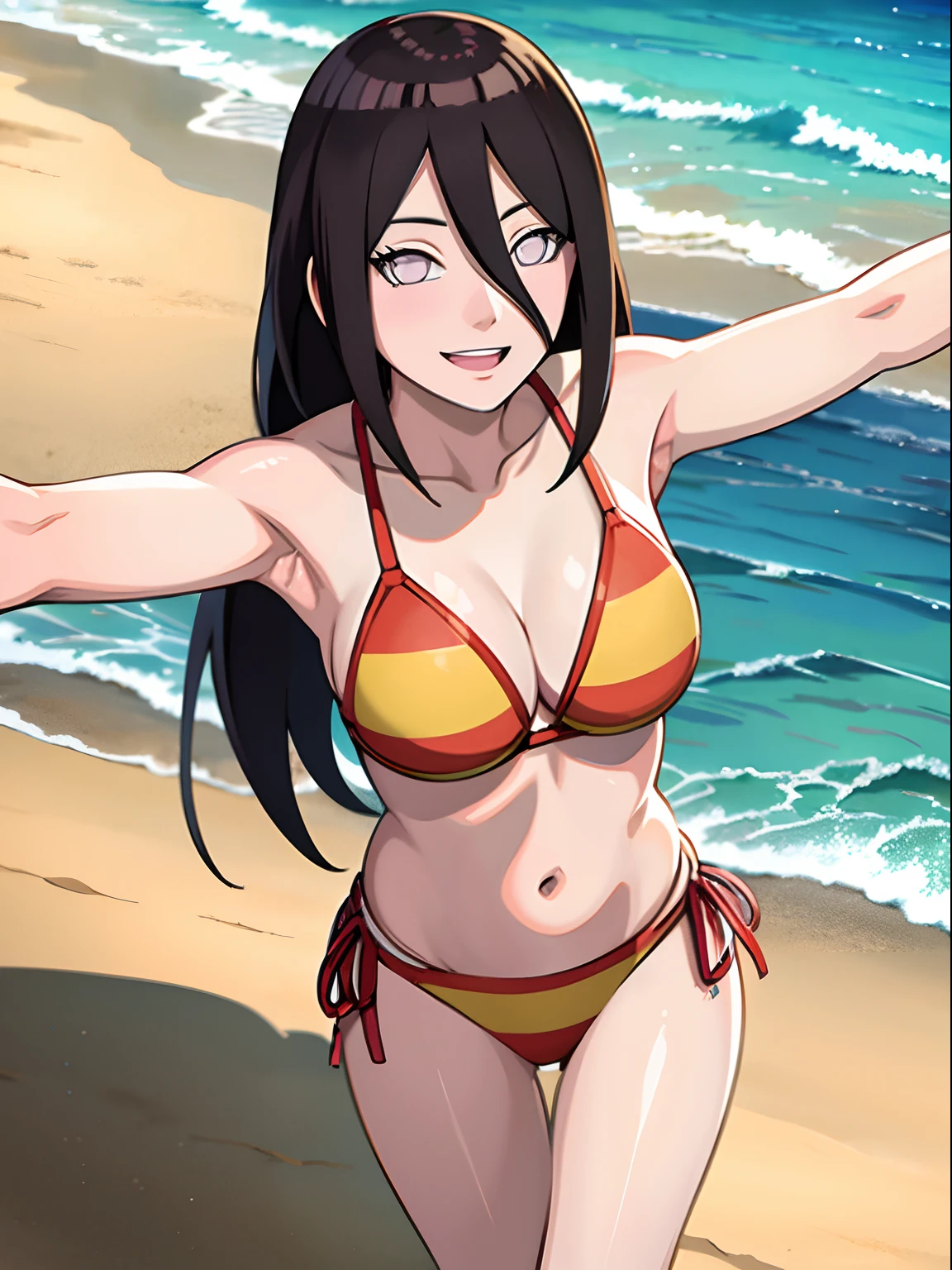 Hyuuga Hanabi, beach, bikini, smile, open arms