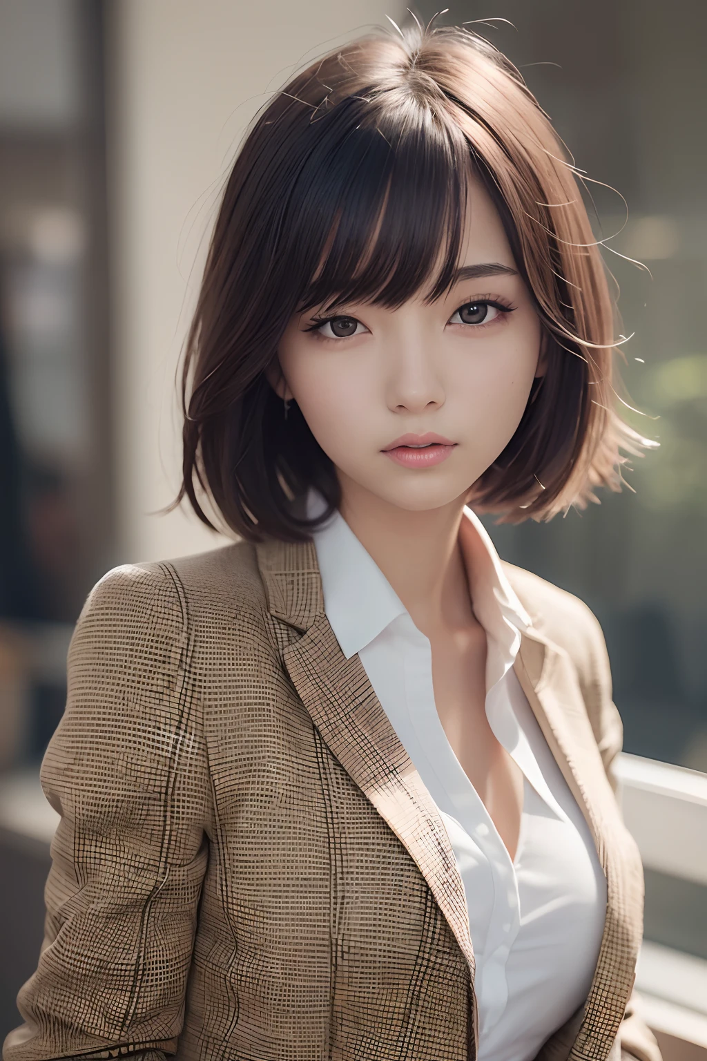 (hight resolution:1.3), (in 8K, Photorealsitic, Raw photography, Top image quality: 1.4), japanes, (1girl in), beauitful face, (Lifelike face), (A dark-haired、a short bob:1.3), Beautiful hairstyle, realisticeyes, beautiful finely detailed eyes, (real looking skin), Beautiful skins, enticing, 超A high resolution, A hyper-realistic, high detailing, the golden ratio, plein air、OL Suit、a secretary、White shirt、Tight black miniskirt、s Office