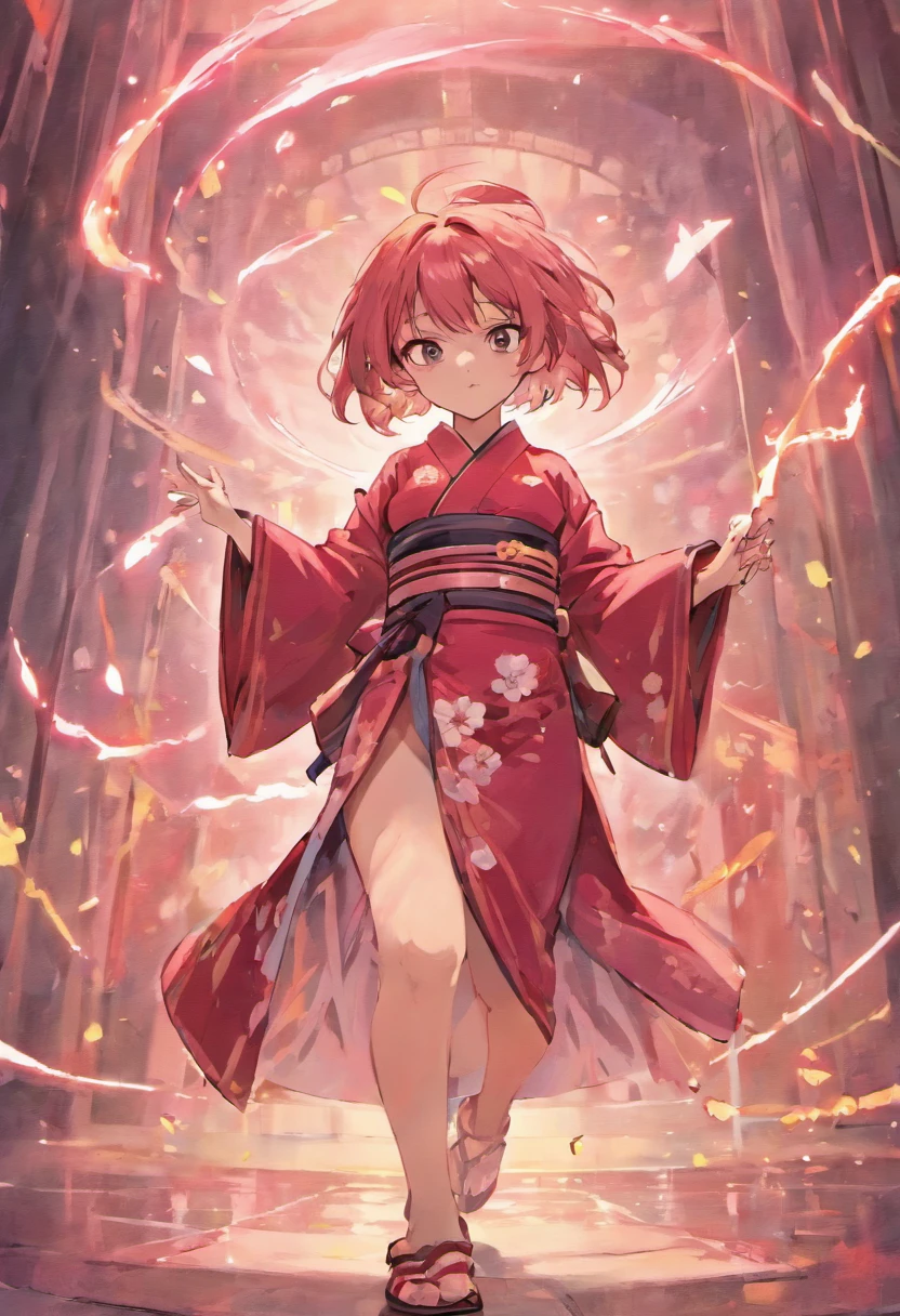 Girl with wolfcut hair and use kimono sakura. Color hair is pink white and she use big katana sword. Eye color is red and skin color is skinny. Black shoes, tall 160cm. Full body from hair to feet