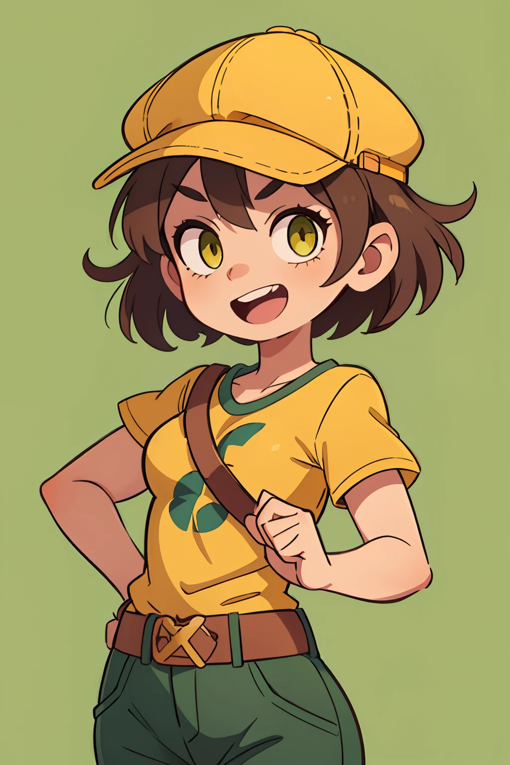 A girl, short brown hair, yellow tshirt, peaked cap, green colored eyes, ssmile, opened mouth, hands on the belt