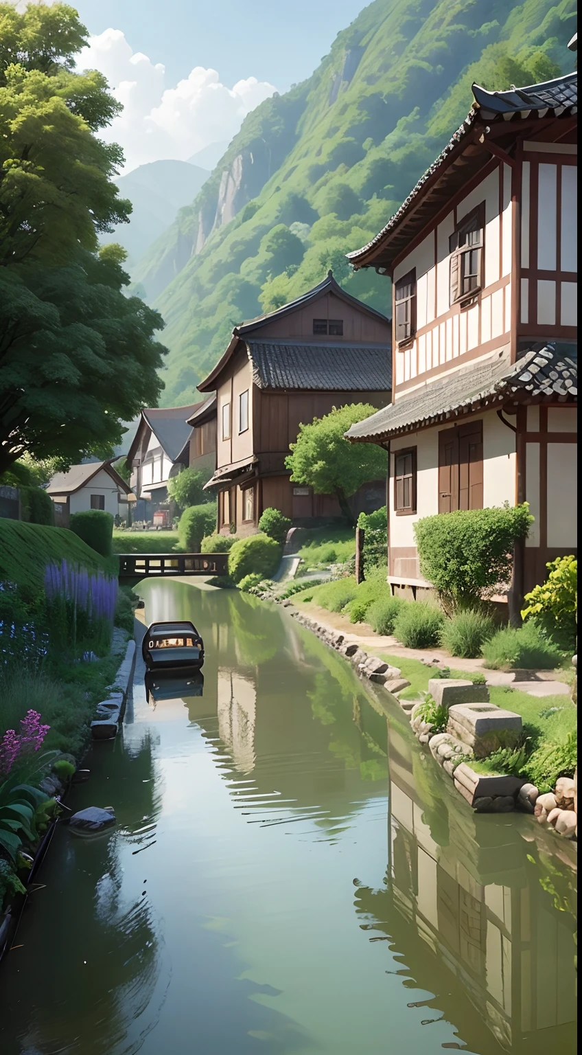 River and garden meadow in a small village in a Chinese hill