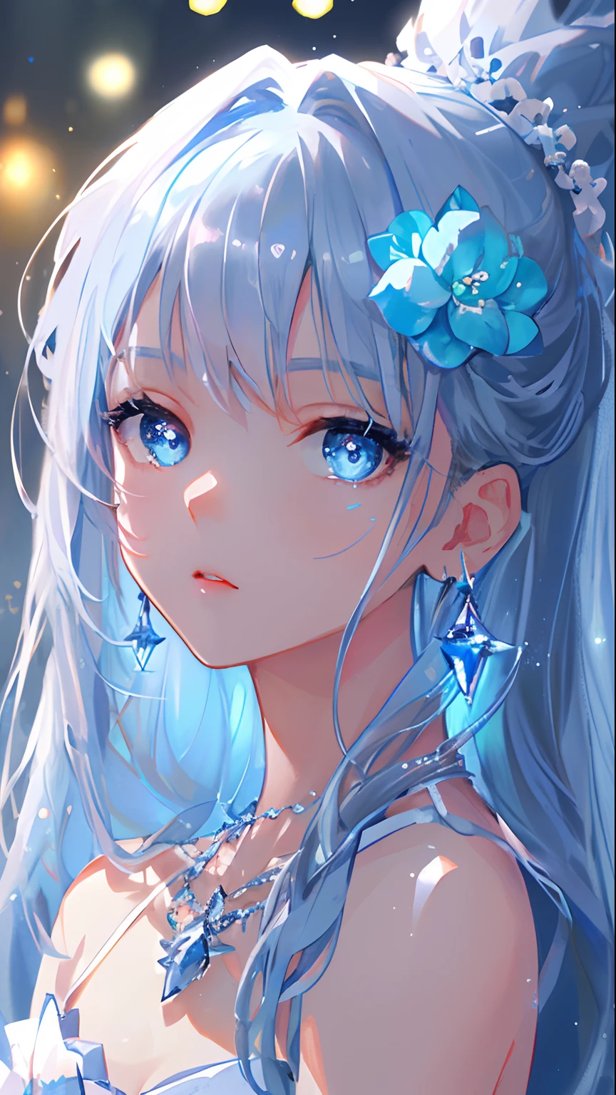 masterpiece, highest quality, figure, Sax Blue, platinum earrings, Platinum Necklace, white dress, 1 girl, cute, (dynamic lighting:1.2), cinematic lighting, delicate features, fine eyes, sharp pupils, good shape big breasts, realistic student, Depth of bounds written, Bokeh, sharp focus, (very detailed, bloom, shine:1.4), Many Small Gems