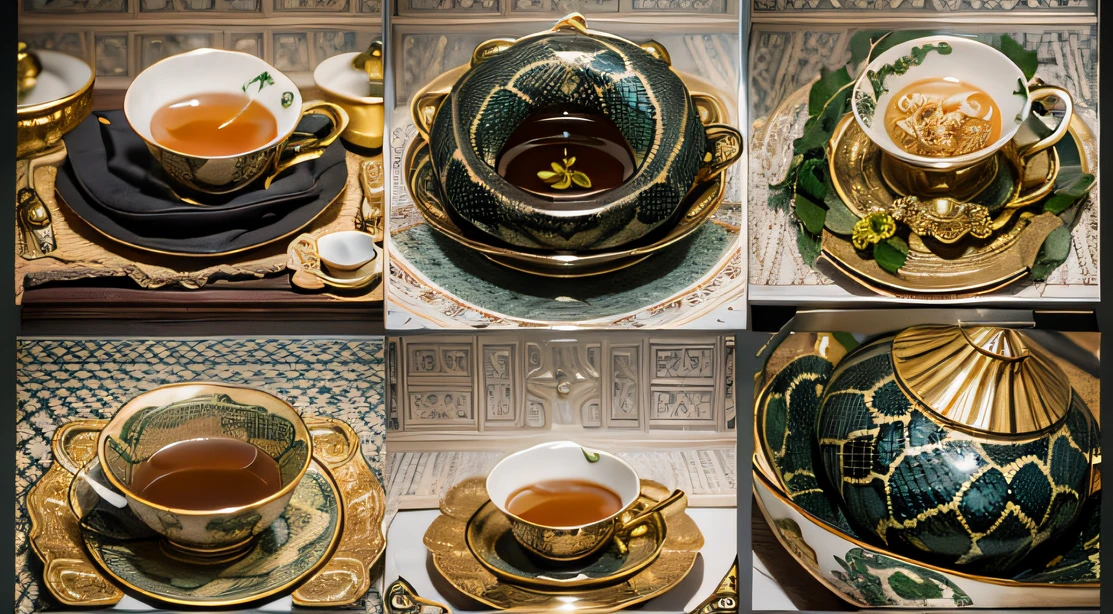 6 manly men,Top image quality,8K,conference site,In the canyon ancient temple,View desktops all,Six male immortals,Black gold python robe crane relief,Gourd tea set,Six dishes and one soup,A masterpiece of telephoto photography,Realisticstyle,hyper photorealism, Cinematic lighting, projected inset,