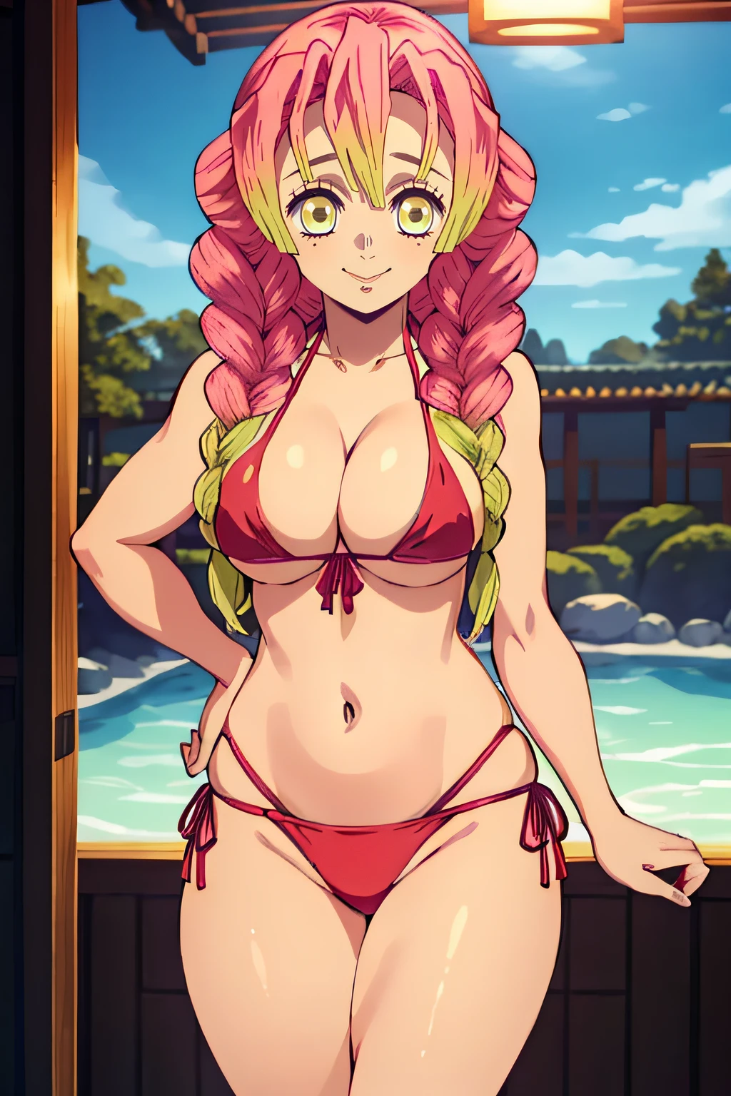 (obra maestra, mejor calidad), 1chica, MitsuriKanroji, deslumbrante, sonrisa, seno, Axilas, barriga, Muscle, , cama, Noche, red bikini, bikini red