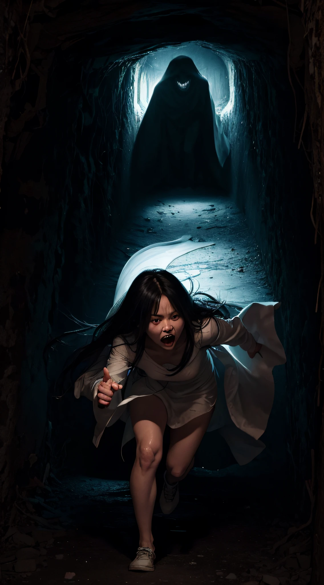 horror art, dread, Best quality, masterpiece, ultra high res, (photorealistic:1.4), Action shot of terrifying ghost chasing after the viewer, dynamic running, in a decrepit underground tunnel in Hell, creepy, white dress, unnerving, unsettling, terrifying, 80mm, horror lighting, dynamic action, Sadako