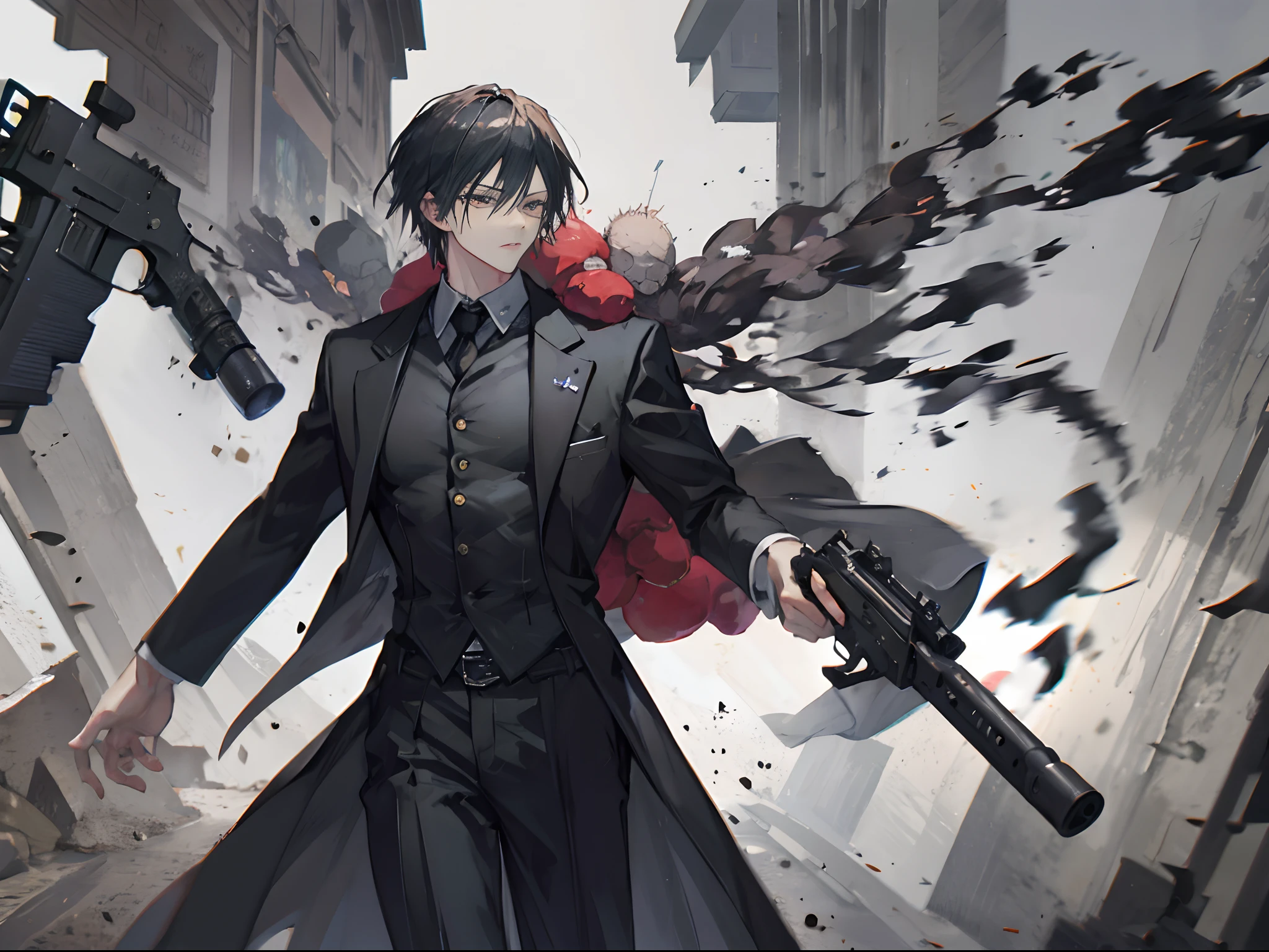Wearing a black suit with a gun.