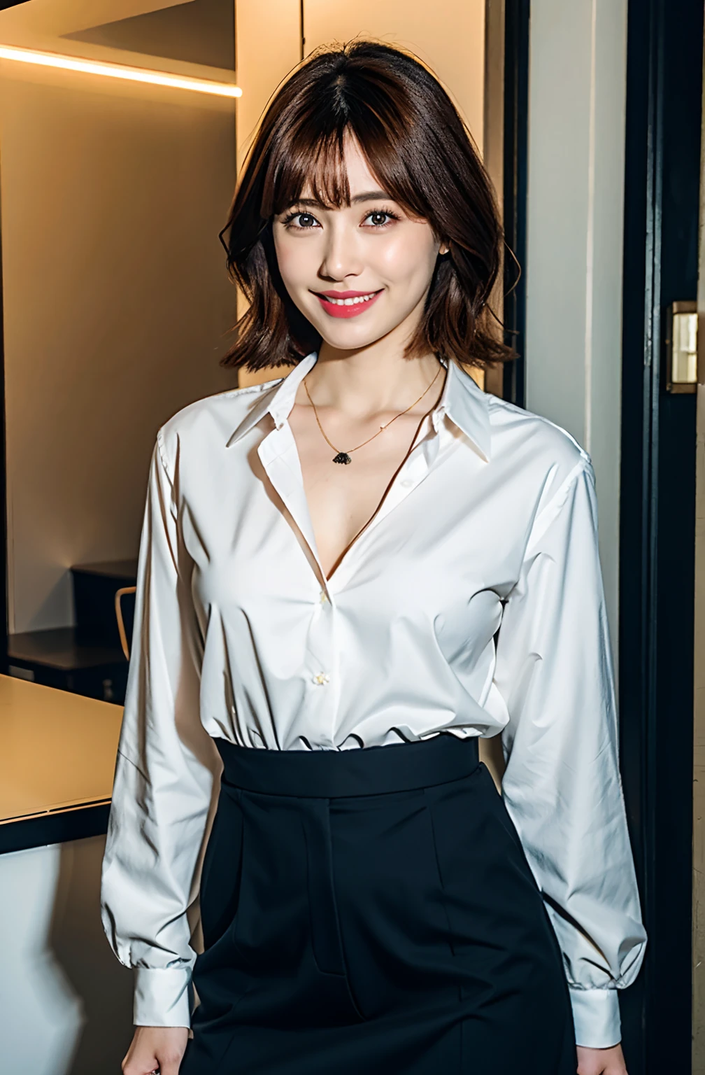 (((Medium Hair、dark brown hair)))), top-quality, 8K, nffsw, Hi-Res, absurderes:1.2, blurry backround, bokeh dof:1.2, a picture, (Raw photography:1.2), (Photorealsitic:1.4), (masterpiece:1.3), (intricate detailes:1.2), 1girl in, 独奏, a japanese girl, Delicate, beautiful detail, (Detail Eye), (Detailed facial features), 小柄, ((medium breasts))), Tight skin, (up looking_で_viewer), from a_front, (skiny), (top-quality:1.4), (超A high resolution:1.2), cinematric light、(Extreme detailed illustration)、(lipgloss、top-quality、超A high resolution、depth of fields、Caustics、Broadlighting、Natural Shading、85 mm、F/1.4、ISO 200、1/160s:0.75)、1girll、独奏、((A smile))、((full body Esbian、long legged))、ulzzang -6500-v1.1、(((OL)))、(((Business suits))))、(((耳Nipple Ring、a necklace)))、a computer、masutepiece, Beautuful Women, (Chloë Grace Moretz:Grace Kelly:0.5), (Fantasy Library Background), (Tight Open Business Shirt), (Very short skirt), (Stockings), Glasses, (medium breasts), Perfect body, Blonde hair, Hair tied in a loose bun, Legs, (Skin Texture:1.1), Best Quality, 超A high resolution, (Photorealistic: 1.4), Raw photo, ellen von unwerth, nikon d850 film stock photograph, F1.6 lens, Rich colors, Realistic, cinestill 800, Backlight, Rim lighting, Studio Lighting, Erotic Photography, from behind