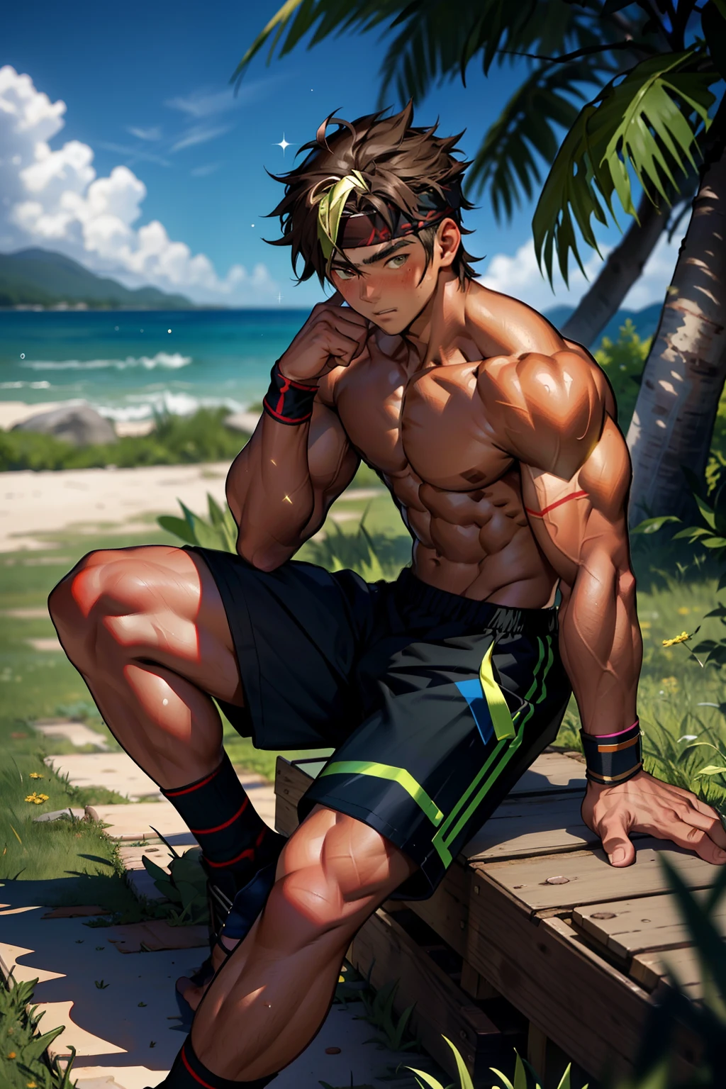 ((Best Quality, 8K, ultra-detailed, Masterpiece: 1.3)), 1boy, shiny skin, sharp, Perfect Body Beauty, realistic shaded perfect body, (cute baby face:1.1),("bikini, big bulge ":1.2),(dynamic pose:1.1), thigh , (bulge focus:1.2) ,squatting , wet skin