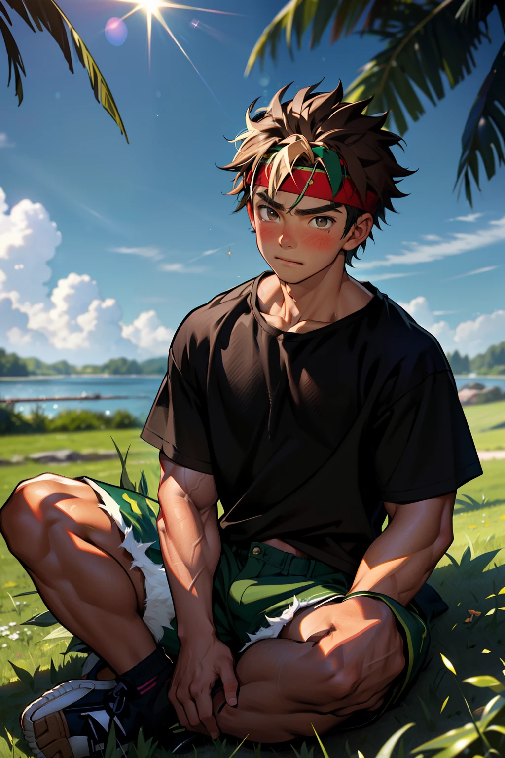 (Masterpiece, Best quality boy,Shota), 1boys, Young,Muscular, Short hair, with brown eye, Intricate, Grass, full bodyesbian, Shirtless, Muscles sparkle in the sun,Black shorts, green headband, Vivid colors,(Depth of field:1.2),(Abs),Blush, view the viewer, Sit on grass,