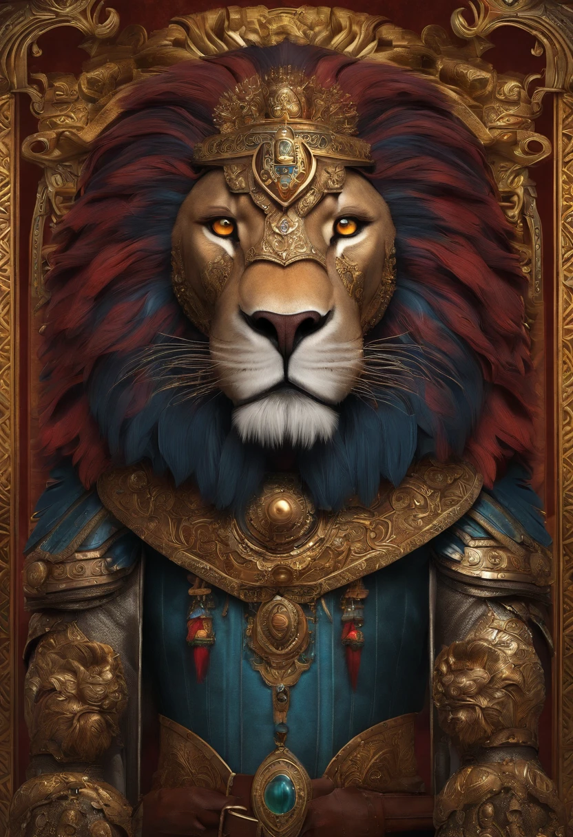 Lion warrior, armoured,blod, steamphunk, detayled