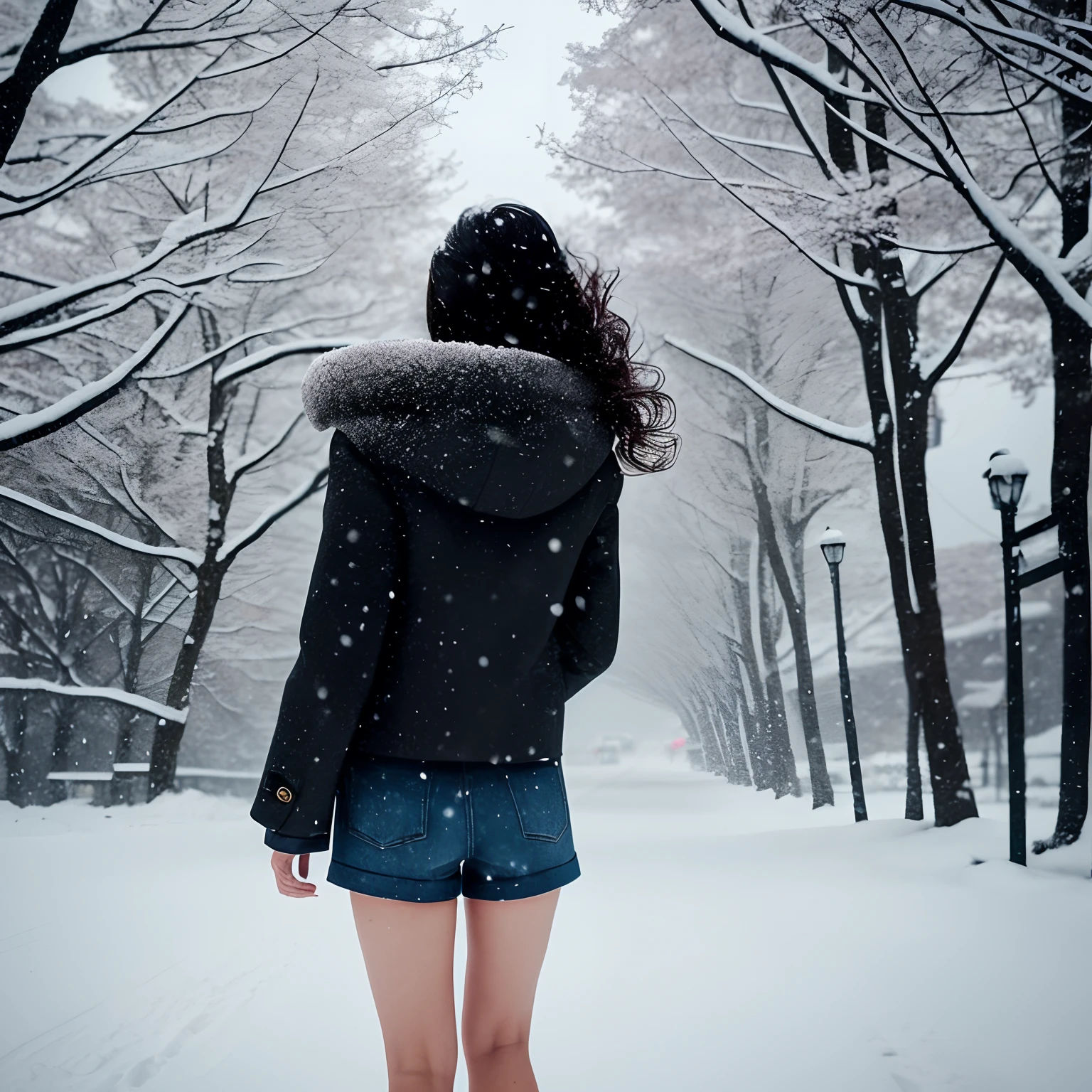 A Japanese Lady、beauitful face、二重まぶた、Longhaire、voluminous hair、Black coat、Micro shorts、hotpants、beauty legs、landing、tall、Raw feet、Height 175 cm、Black pin heels、landing、Oyuki、snow blowing、snow cover、heavy wind、Snowstorm is not visible ahead、Hair fluttering in the wind、The coat flips in the wind、Poor horizon、The weather is cloudy