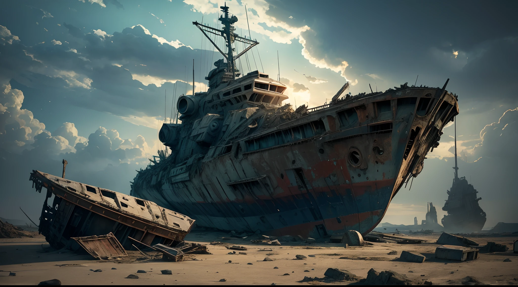 detailed, hdr, photorealistic, ancient war shipwrecks, decaying planet, battle remnants, colorful wreckage, skeletal remains, long-abandoned spaceship, exploration of the unknown, astronaut searching