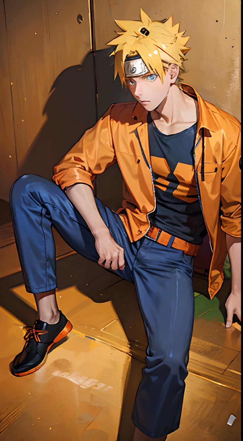 1 man, Naruto Uzumaki, wearing an orange jacket, wearing white shoes, short hair, yellow hair, wearing a headband, blue eyes