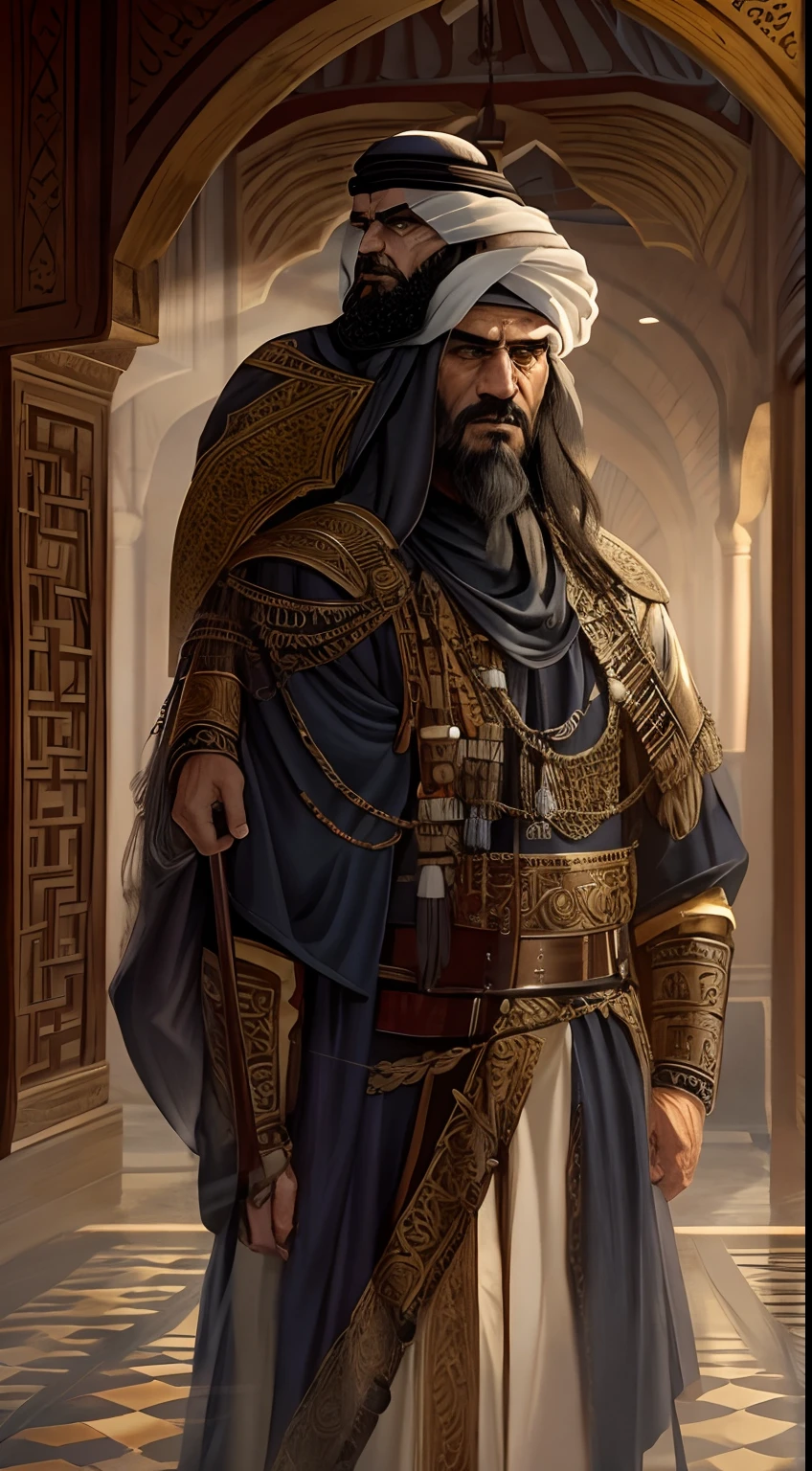 medieval period, full view from head upto the legs, an angry rough muslim 6th century arab general standing in a persian hall and looking towards the picture ,the general has semi long hair upto his shoulder , the general is middle aged, the general is wearing poor war chest armour, close up picture, full face, the general is well built, only general is in the picture, the general has small black beard, has no cap ,detailed, high-quality, full illustration,4k