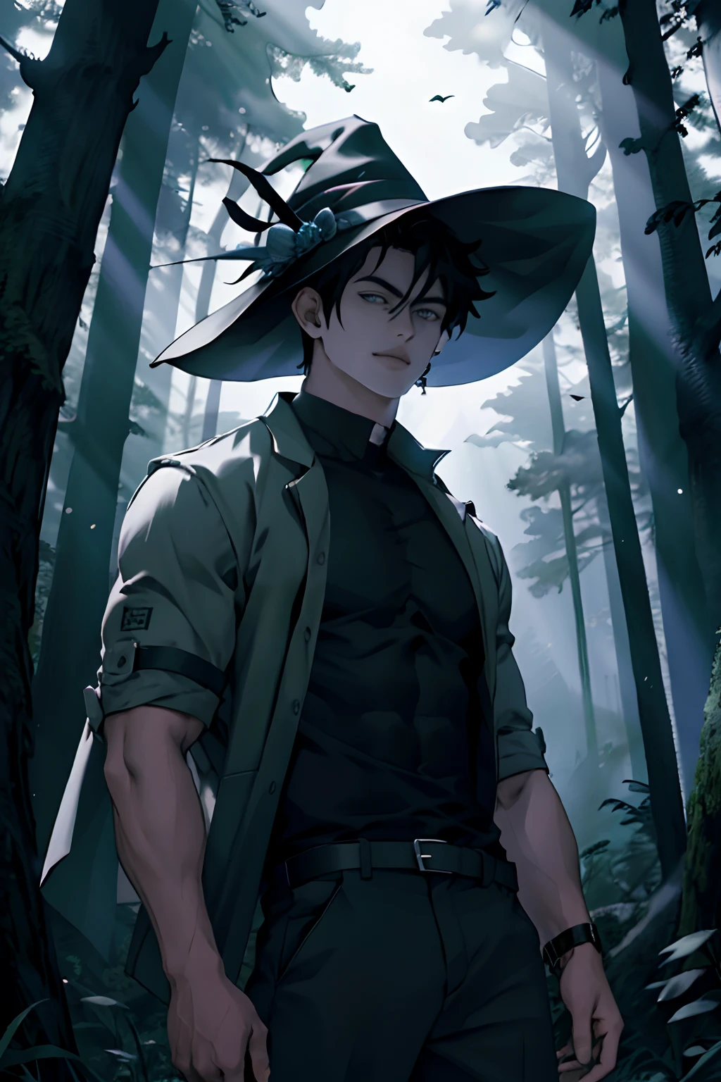 obra maestra, mejor calidad, 1 hombre, Yoo Joonghyuk, 25-years old, alto y musculoso, guapo, ojos finamente detallados, detalles intrincados, mago, disfraz de mago, halloween, sombrero negro con ala puntiaguda, palo de escoba con mango tallado, libro de hechizos con una variedad de hechizos, botellas de pociones con varios ingredientes, Enchanted forest with a hidden wizard's hut, castillo de fondo, cuerpo completo, cuerpo definido, cuerpo completo, Impresionante realista, nocturno, RAW photograph, cuerpo definido,maximalismo, Renderizado de octanaje, irreal, 8k, profundidad de campo, Bokeh, ojos grises, Cara sin pelo, tinta negra, 8k, hiperreal, 50mm, Kodak Portra 400, photograph by Martin Schoeller, luz de luna, piel natural, Textura real de la piel