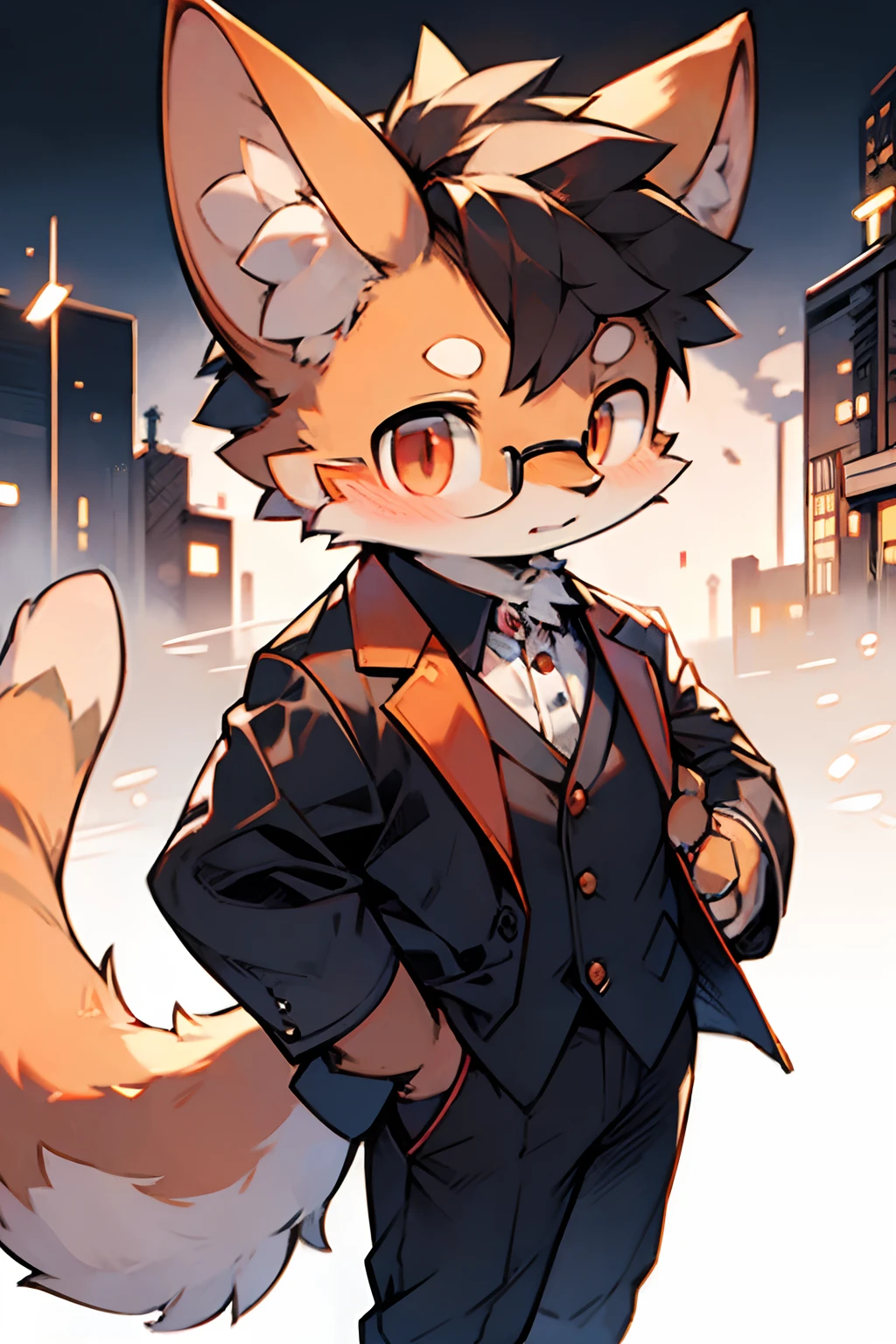 London in the twentieth century，Orange cat，Run alone，Light orange fur，Suits，Red eyes，Put your hands in your shirt pocket，wearing black glasses（A masterpiece）（high qulity）（Clear structure）（Clear lines）（Background of extreme detail）（extremelydetailedcharacter）