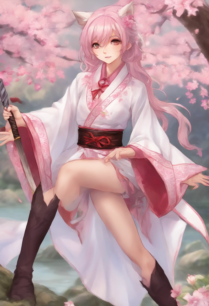 Girl with wolfcut hair and use kimono sakura. Color hair is pink white and she use katana sword. Eye color is red and skin color is skinny. use black sandal, tall 160cm. Wear black stocking