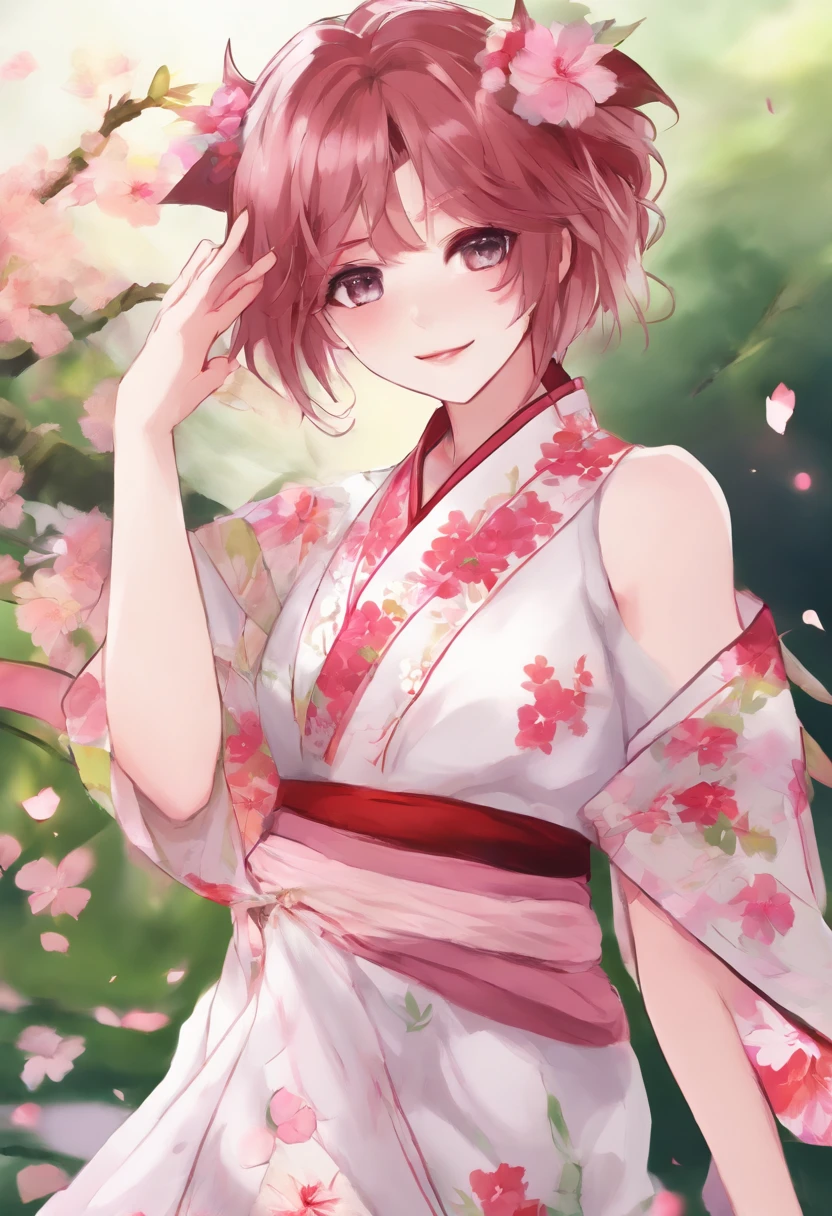 Girl with wolfcut hair and use kimono sakura. Color hair is pink white and she use katana sword. Eye color is red and skin color is skinny. use black sandal, tall 160cm. Wear black stocking