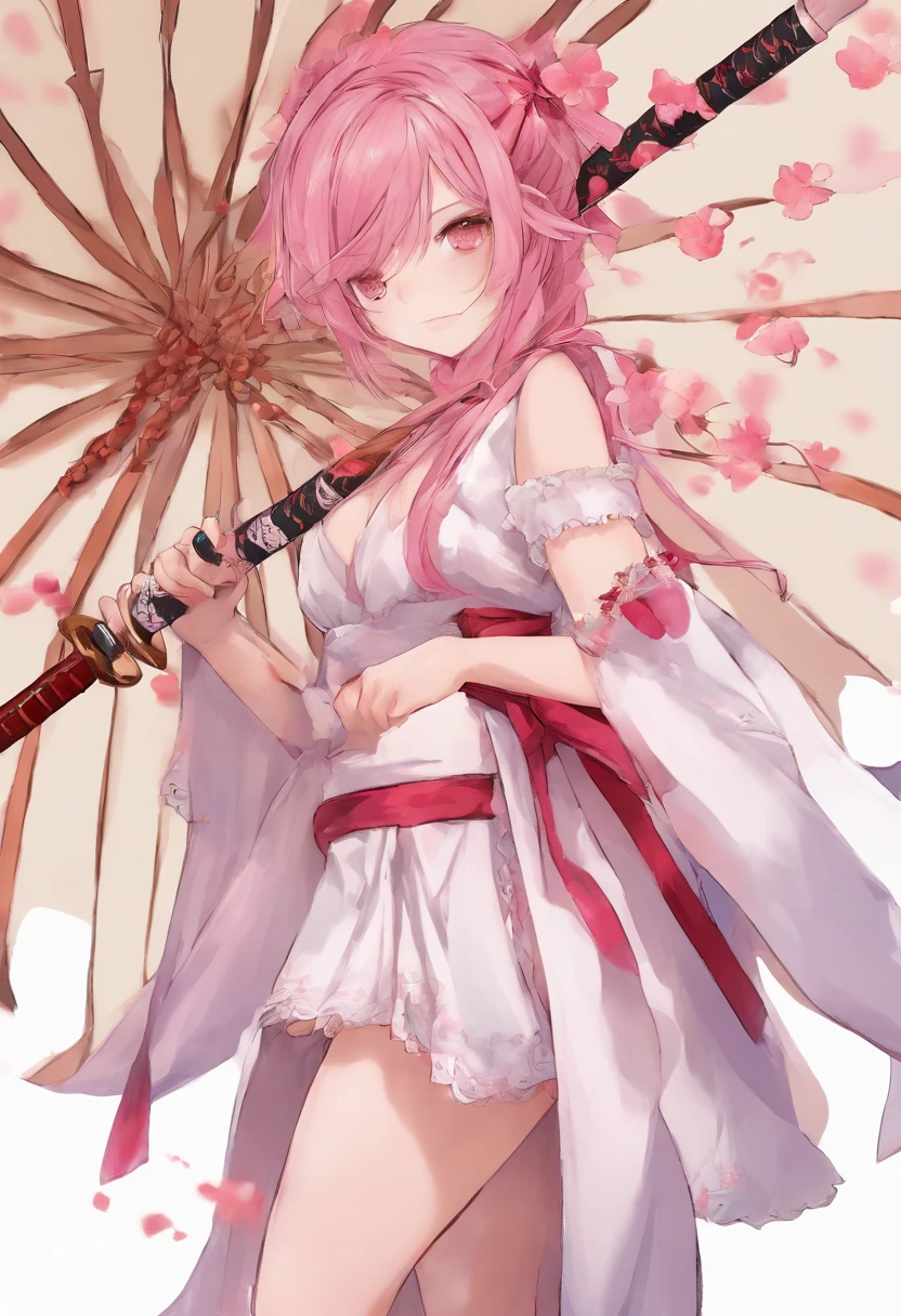 Girl with wolfcut hair and use kimono sakura. Color hair is pink white and she use katana sword. Eye color is red and skin color is skinny. use black sandal, tall 160cm. Wear black stocking