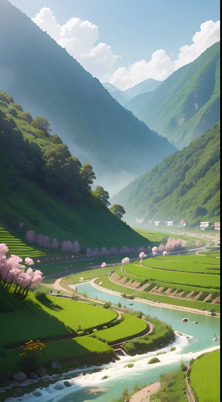 The river of a small village in the hills of China and the flowers and plants overgrown all over the ground