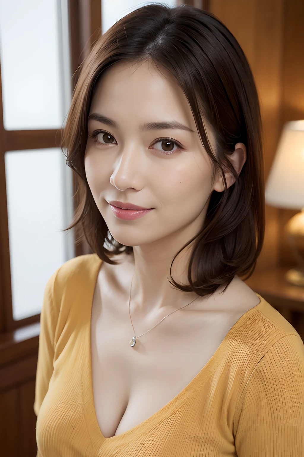 (in 8K, top-quality, masterpiece:1.2), (realisitic, Photorealsitic:1.37), ultra-detailliert, Natural sunlight, mideum breasts, I can see the cleavage, 1 persons, 35-year-old woman, Dark hair, Pendants, Yellow-orange light knit V-neck shirt, extremely detailed face and skin, A detailed eye, extremely detailed face and skin