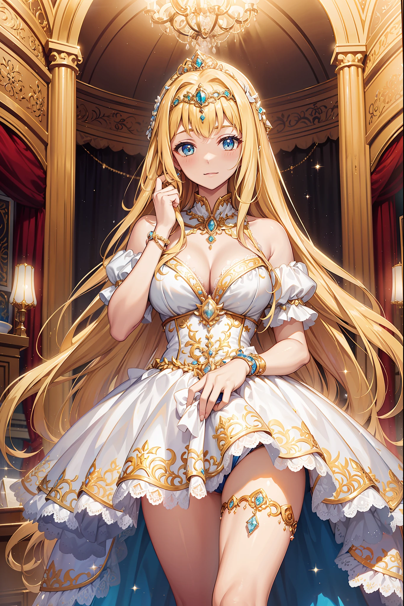 teens girl,divino,Enchanted,Enchanted,blond hairbl,having fun,Being in love,,((The princess wears a white and yellow princess dress)),((blingbling))((Very Long voluminous Hair)),((gorgeous embroidery and lace)),((Gorgeous corsage)),See-through,(Gorgeous gold jewelry),(luxury hair ornament),((Luxury tiara and jewelry:1.1)),Silver Crown,intricate detailed clothes,(Diamond decoration),Royal motif,swim wears,inside in room,(Shine:1.2), (Best quality), (Masterpiece:1.2),Beautiful detailed face,