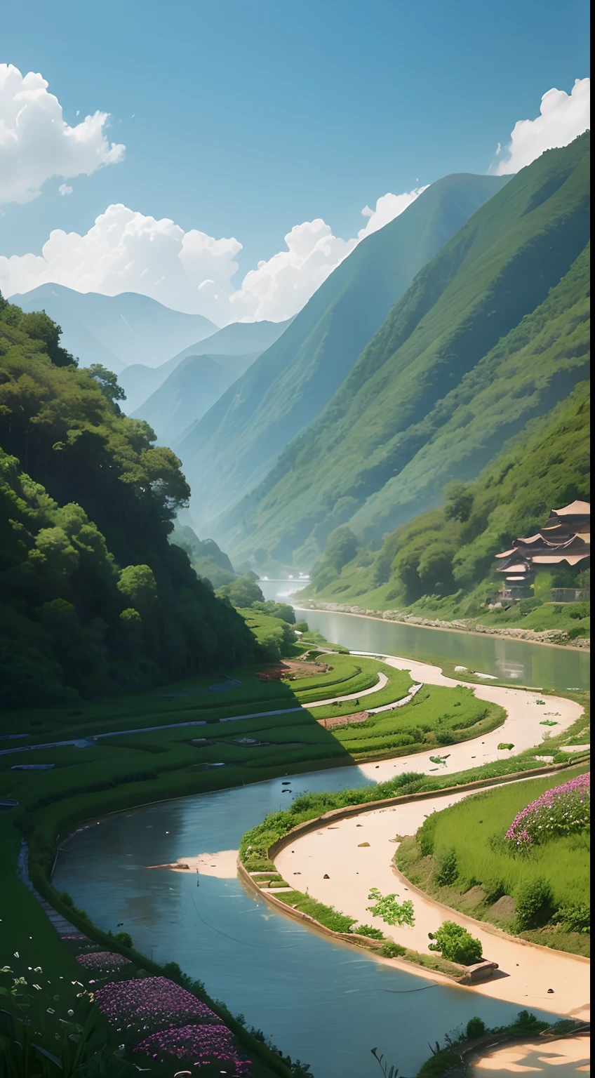 The river of a small village in the hills of China and the flowers and plants overgrown all over the ground
