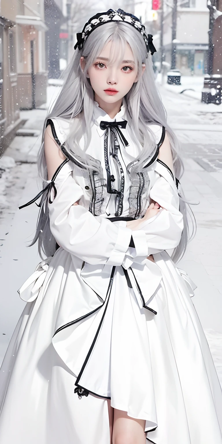 1girl,silver hair,long hair,red eyes,white dress,