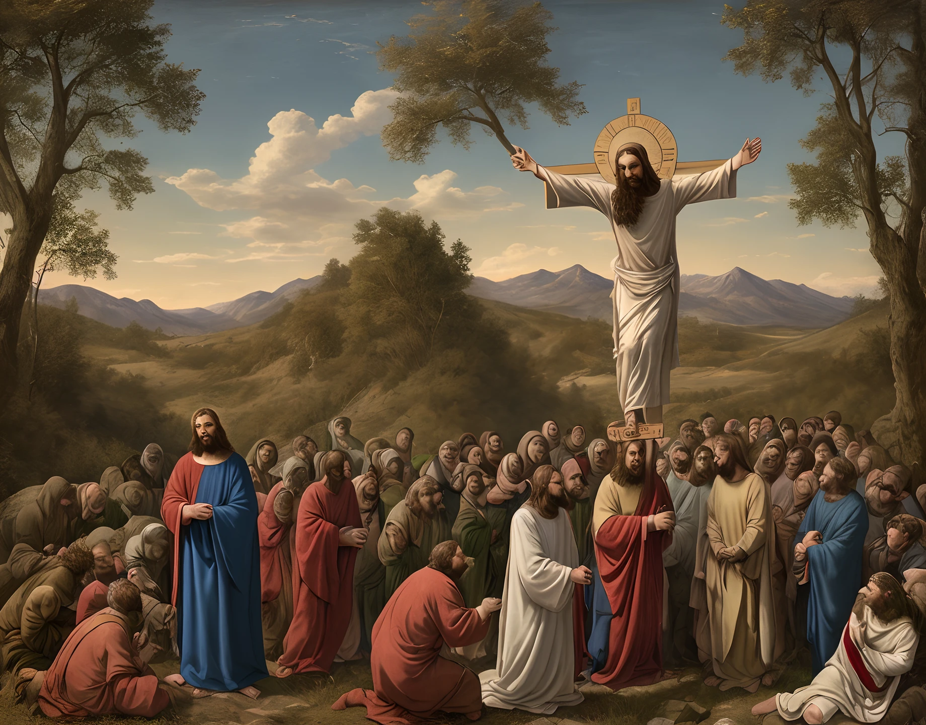 Jesus with his nailed hands and the Holy Spirit with a group of young people