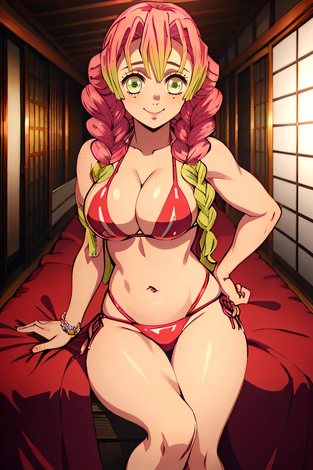 (obra maestra, mejor calidad), 1chica, MitsuriKanroji, deslumbrante, sonrisa, seno, Axilas, barriga, Muscle, , cama, Noche, red bikini, bikini red