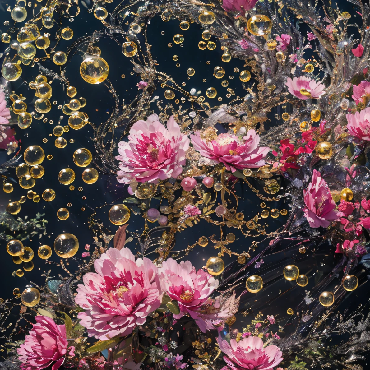 32K（tmasterpiece，k hd，hyper HD，32K）Black sky-braided，Flowing bubbles，ponds，zydink， a color， Asian people （Black sky-braided）， （Colorful bubbles）， Combat posture， looking at the ground， Large rolls of rouge bubbles，Black sky-braided，Silk platinum crystal tiara， Chinese long-sleeved black gold garment， Black sky-braided（Abstract water splash：1.2）， Pink peony flower background，Buble（realisticlying：1.4），Black sky-braided，The day is in full swing，The background is pure， A high resolution， the detail， RAW photogr， Sharp Re， Nikon D850 Film Stock Photo by Jefferies Lee 4 Kodak Portra 400 Camera F1.6 shots, Rich colors, ultra-realistic vivid textures, Dramatic lighting, Unreal Engine Art Station Trend, cinestir 800，Black sky-braided，Flowing bubbles，Colored bubbles that refract light