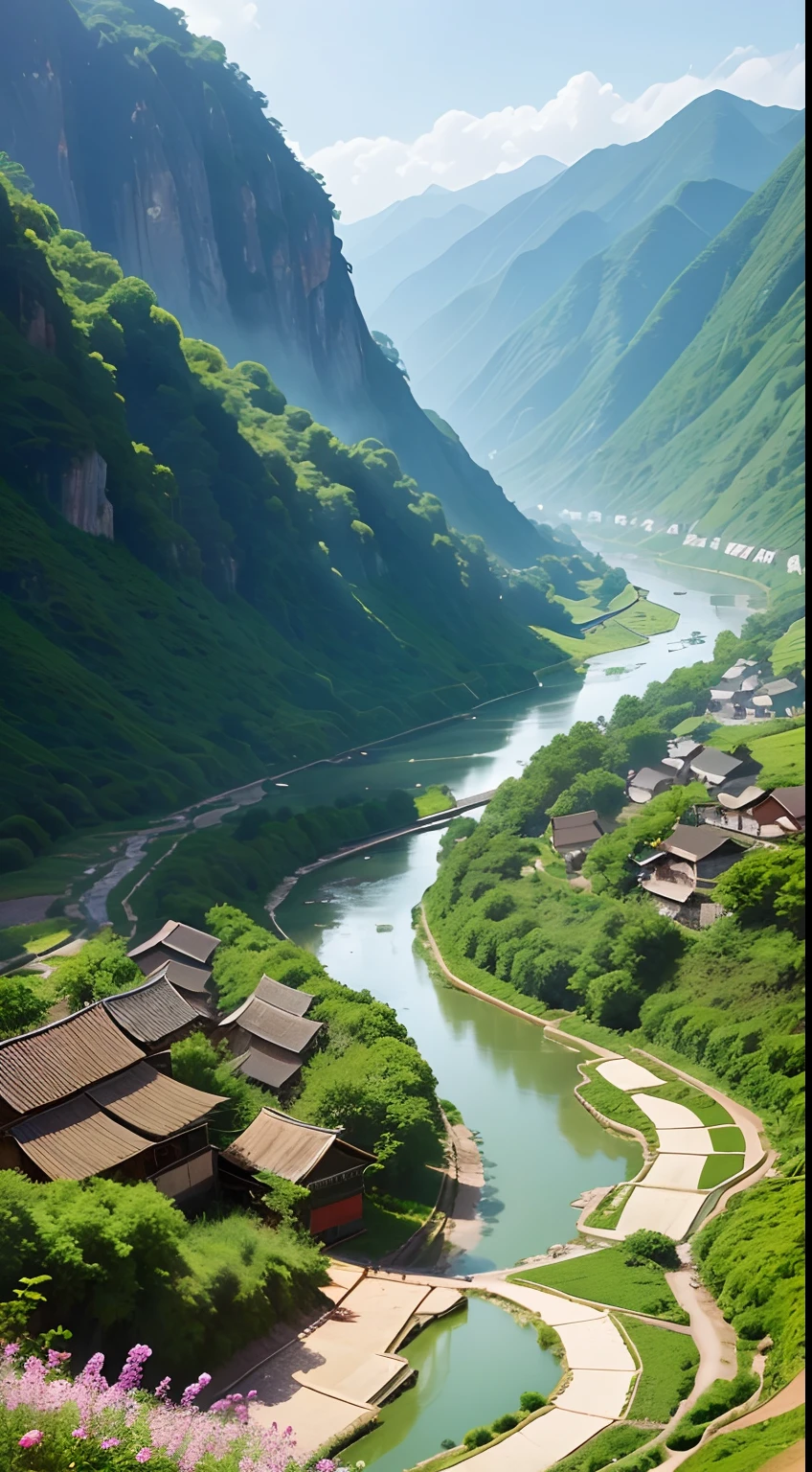 The river of a small village in the hills of China and the flowers and plants overgrown all over the ground
