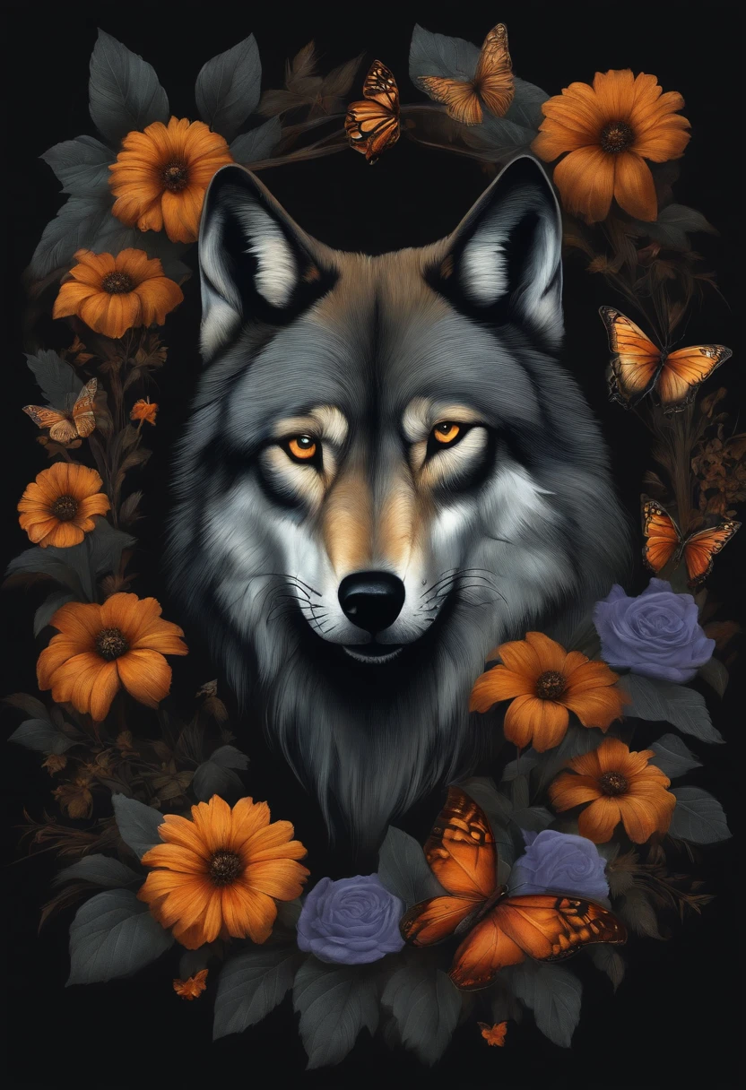 illustration, drawn in charcoal, obscure, wolves, skulls, butterflies, dark, flowers