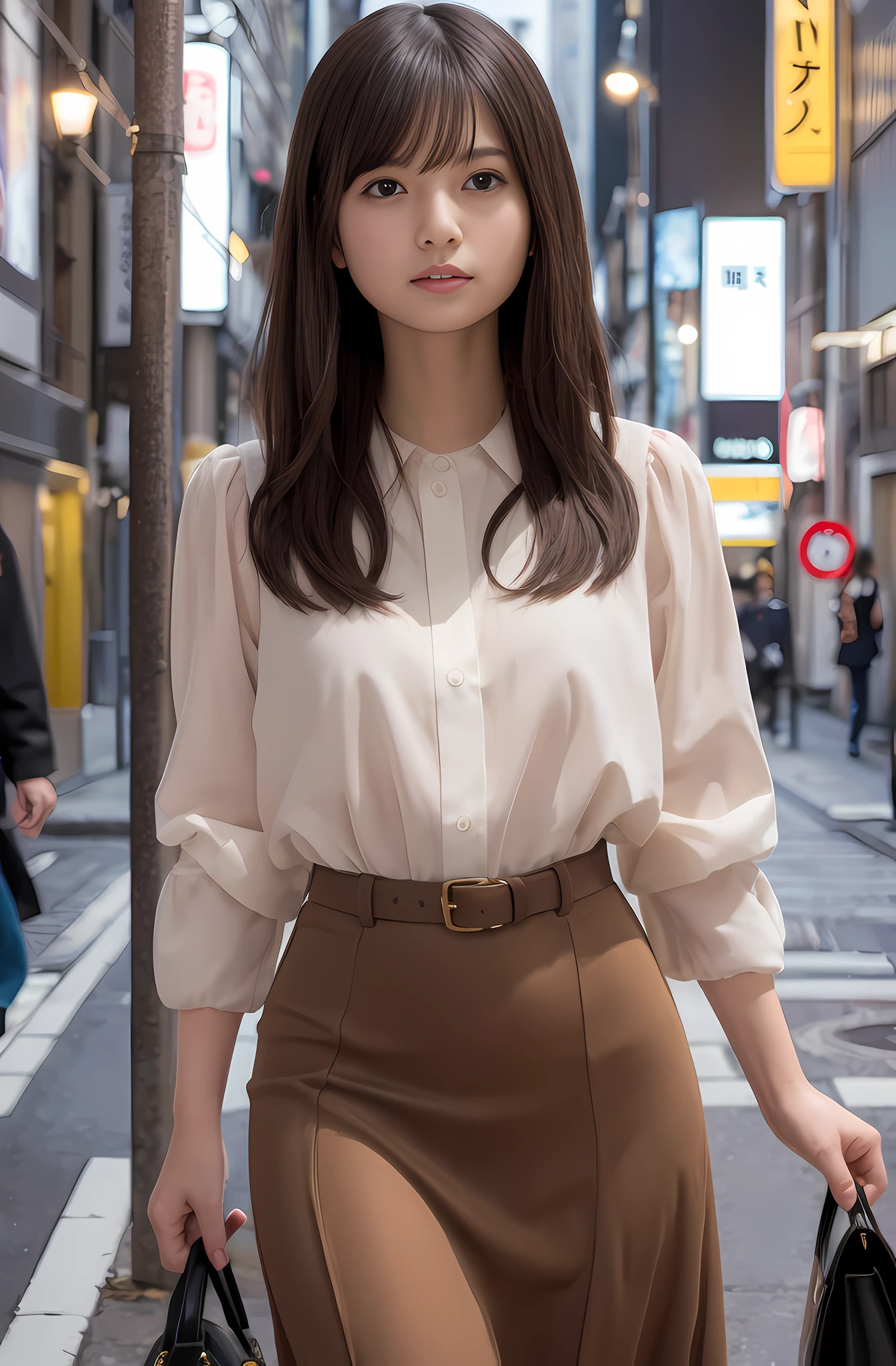 top-quality, masterpiece, high-detail, 16k picture quality, 细致背景, Small eyes、In the heart of Tokyo's vibrant cityscape, Stunning women between the ages of 27 and 40 gracefully adorn themselves . Tokyo at night、Girlfriend on a busy street corner, Her eyes lock us with a seductive gaze. Her dress, Perfect fit and charm, Emphasizes her bountiful breasts and elegantly tapered waist. Her hair, Beautiful shades of light brown, flowing like silk, Framing her striking features. This seductive woman、Has an attractive charm that attracts the attention of everyone around her. The dazzling neon signs of the bustling metropolis shine brightly, Make her hair shine with ethereal beauty. In this scene, In the hustle and bustle of the city, She stands as a beacon of charm and sophistication, Where the lights of the city dance in harmony with her beauty, Creating a tableau of timeless elegance in the heart of Tokyo.