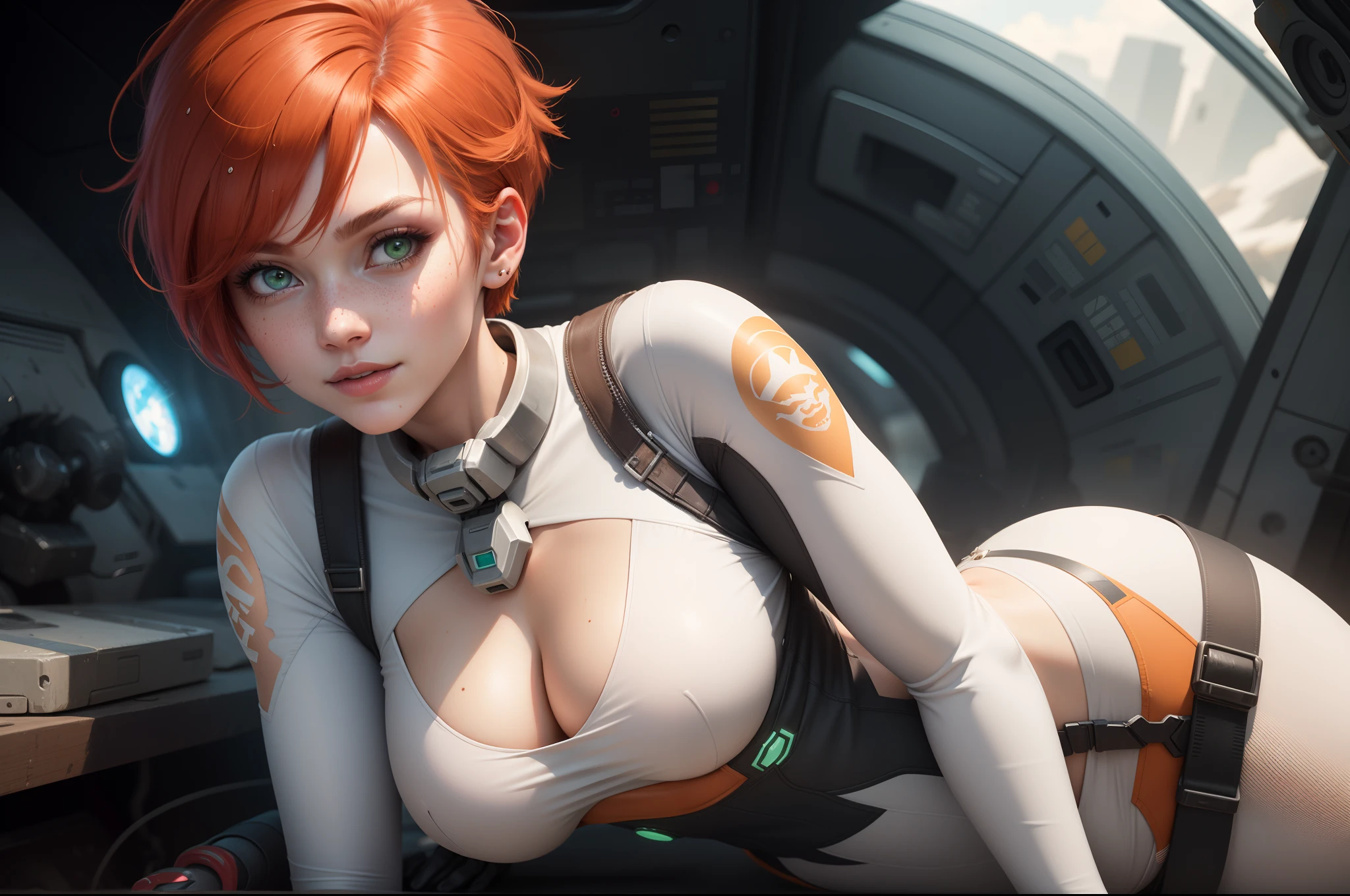 gwen tennyson,tracer,samus,rebecca chambers,overwatch,gundam,1girl,close up,mecha pilot,space port,mecha space suit,space marine,pirate corset, white long sleeve lycra top,wet shirt,white leggings,short hair,war makeup,green eyes,orange hair,hair highlights,shy smile,freckles,redhead,beautiful girl,large breasts,ultra detailed,realistic,fantasy art,