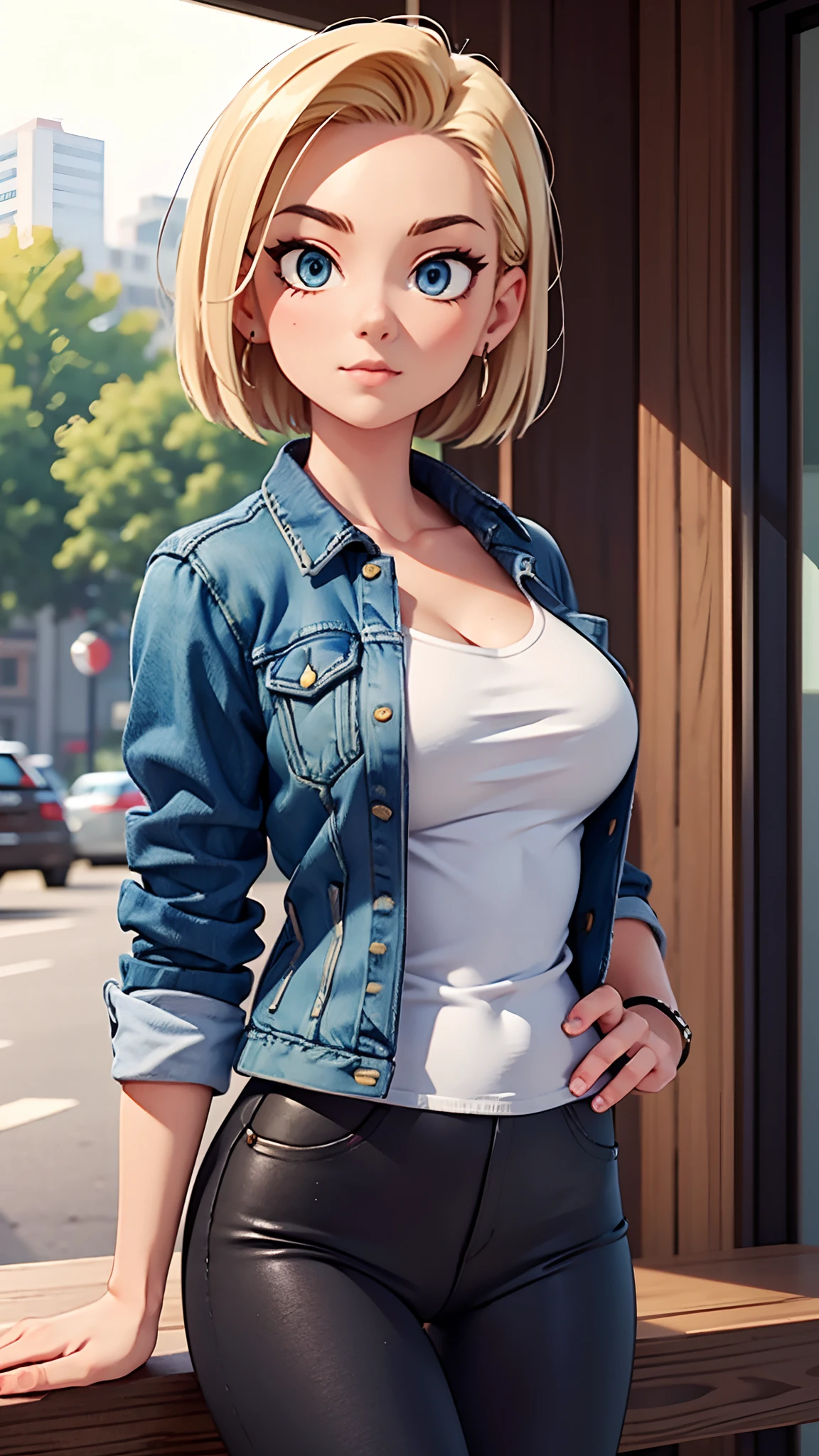 1 female, solo, Android 18, upper body portrait, masterpiece, very detailed, sexy, denim sleeves jacket, denim skirt, black leggings,