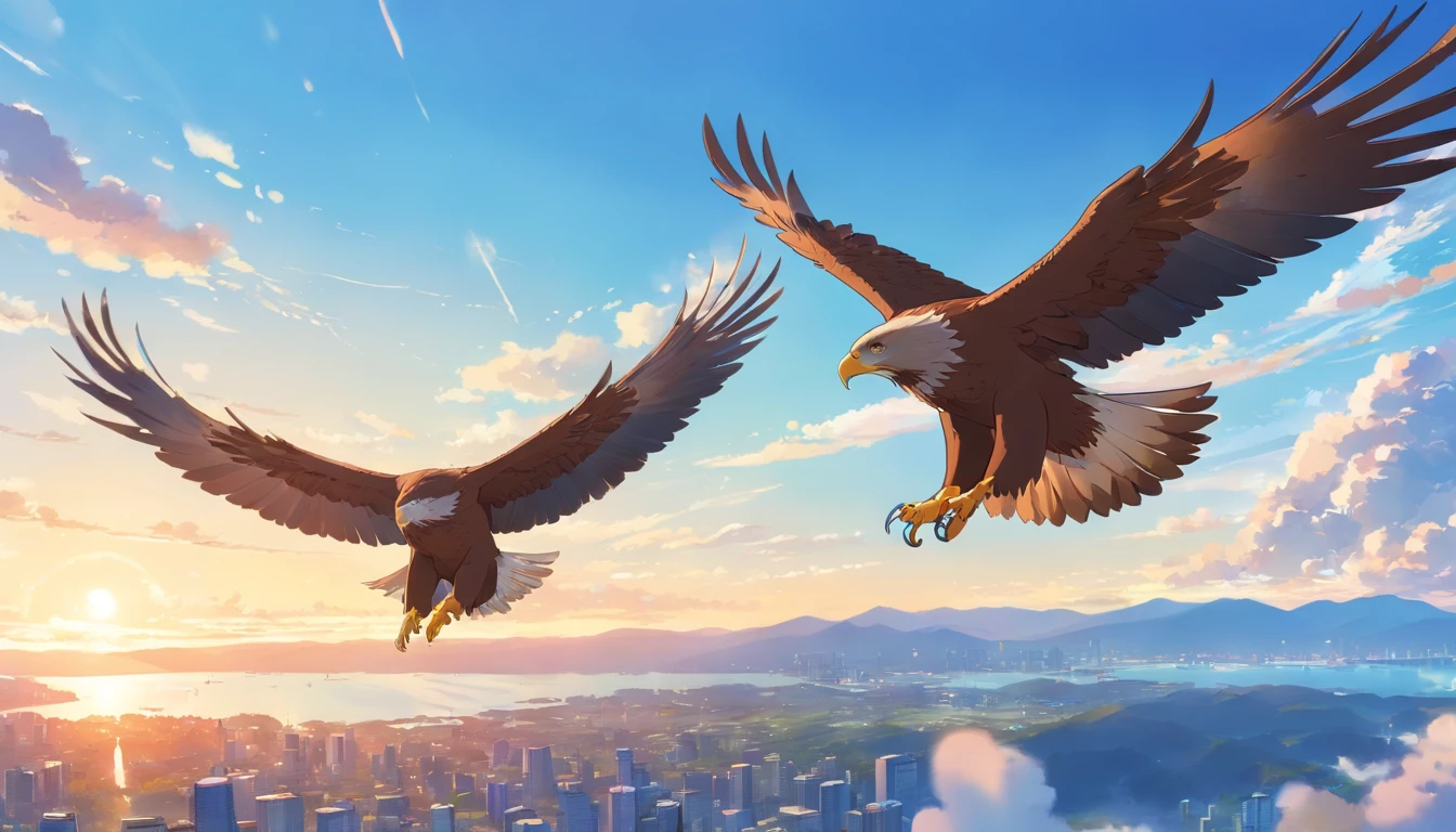 Brown eagles fly over the blue sky