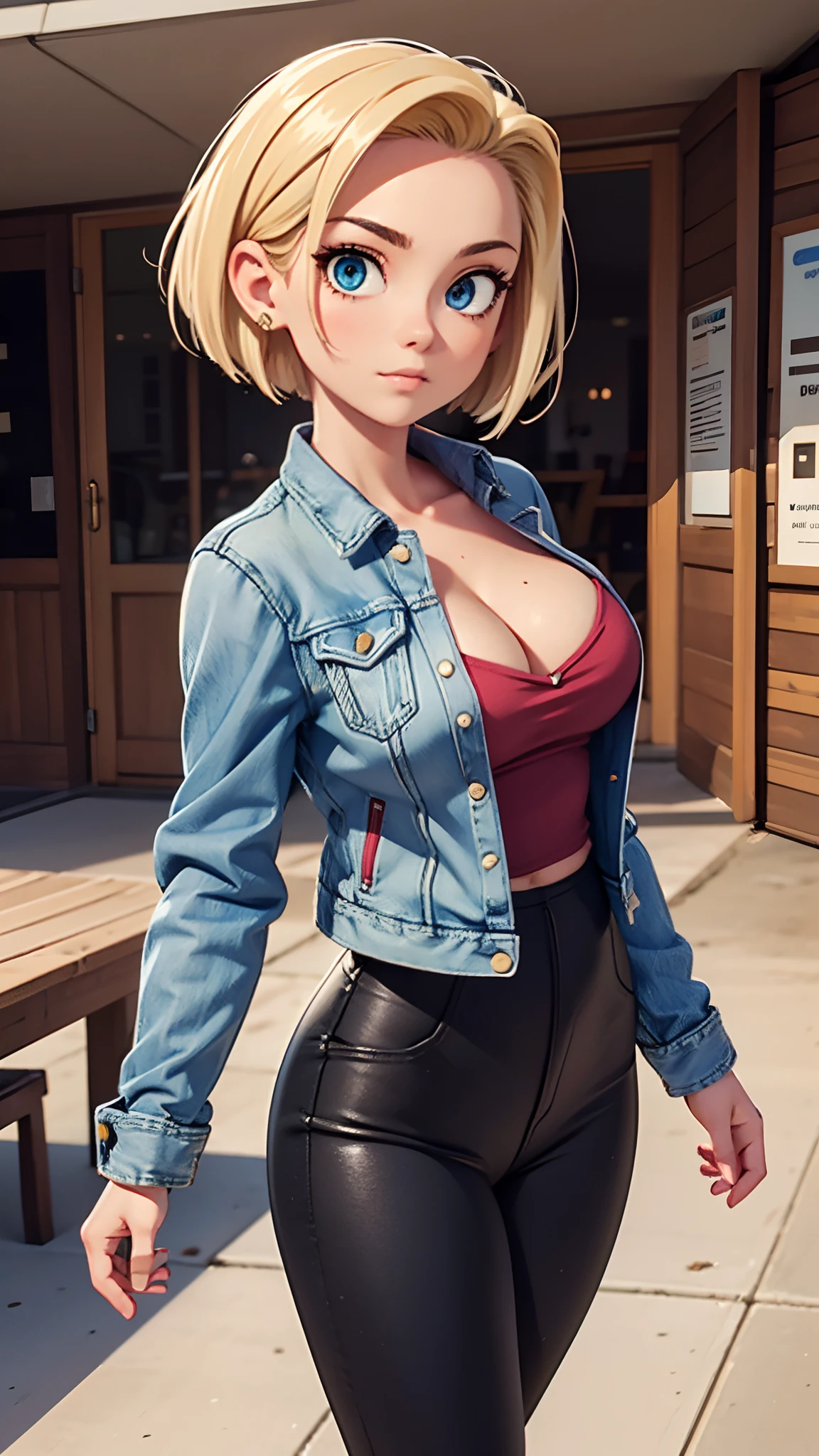 1 female, solo, Android 18, upper body portrait, masterpiece, very detailed, sexy, denim sleeves jacket, denim skirt, black leggings,