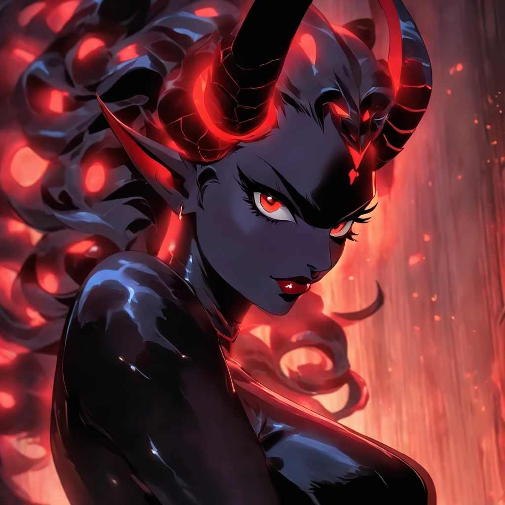 Meru the Succubus. Red skin. Yellow eyes. Short horns. Succubus tail. nudity. big breasts. Kneeling