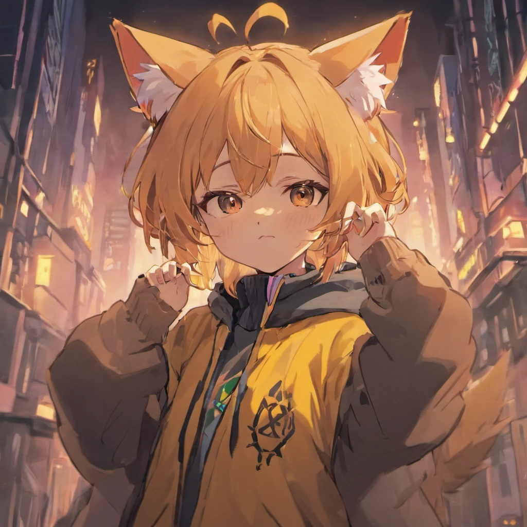 shota,cat ear,half-orc,clawed paws,furry,younge boy,adolable,sprout,(The furry feeling of animal ears),Personal photo,white color hair,Orange ears,Hooded sweatshirt,Cyberpunk-city