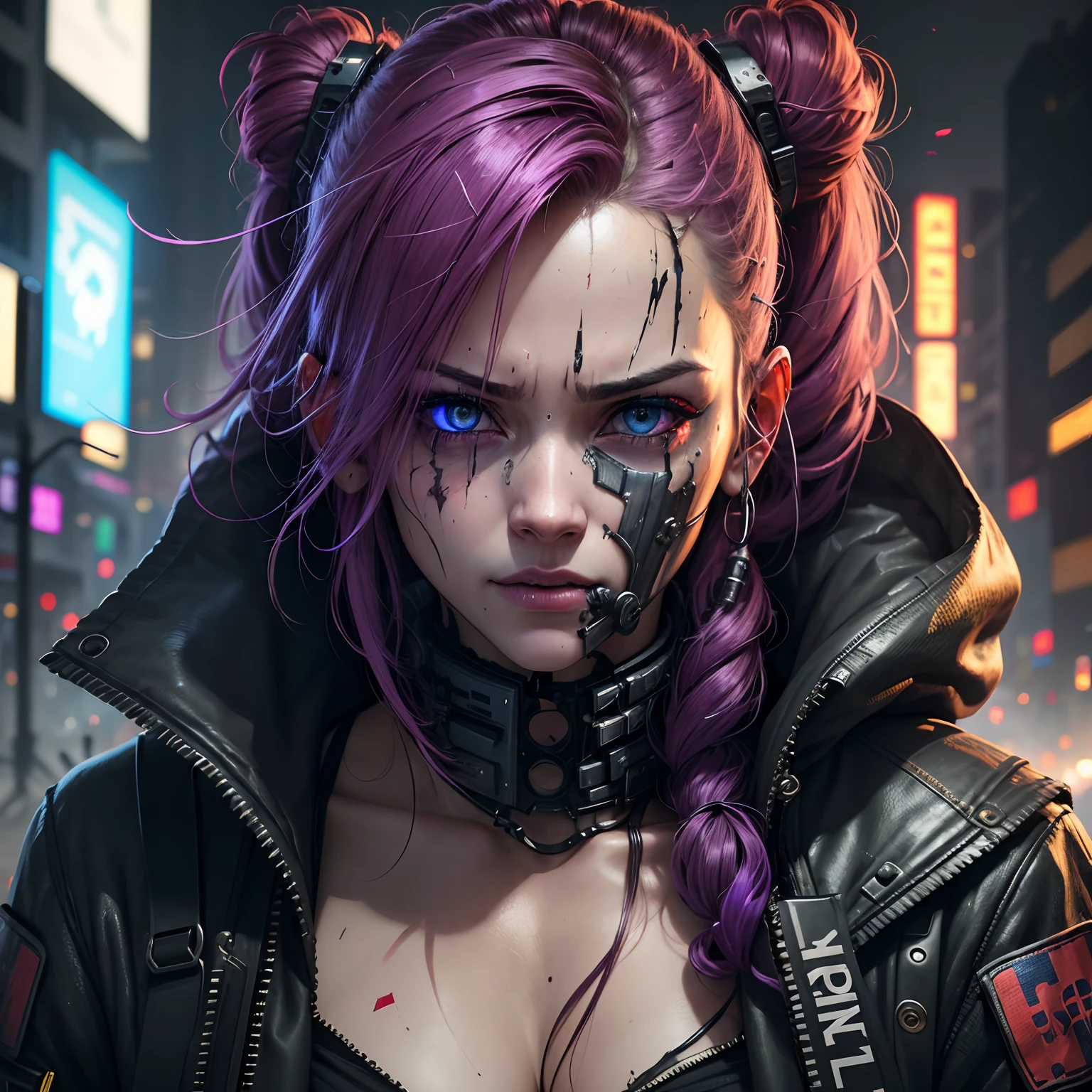 Cyberpunk, damged, lose a part of her face in war, wires came out in the lose part of face, trashed, cyberpunk damged, trashed in a big garbge