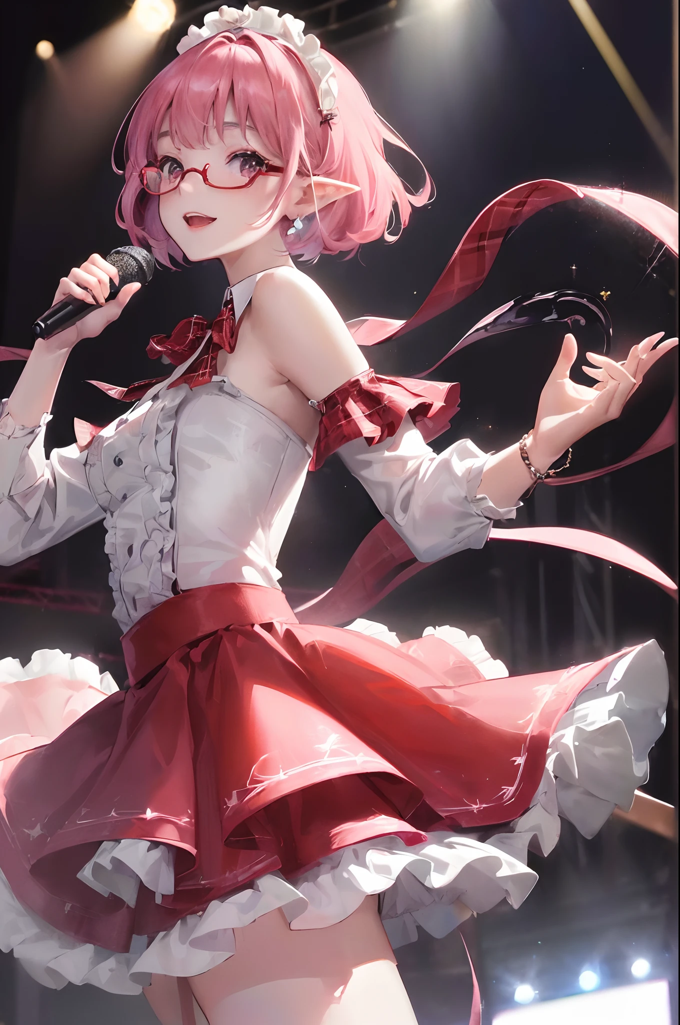 masterpiece、top-quality、Ultra Detail、, 1girl in,beautiful lighting、adult lady、1girl with、(((18 years old)))、(((High school students)))、(((Best Beautiful Girl)))、(((Colossal tits)))、(((shaking boobs)))、Jumping、Raise your hands up、ren、Beautie、Red glasses(((Red glasses)))、(((The best smile)))、(((Skirts made of ruffles)))、(((Plaid)))、(((Gothic flared skirt)))、Lots of frills、(((Super Idol)))、(((Super popular)))、(((live)))、(((Best Idol)))、(((stage)))、(((Idol costumes)))、(((Shoulder-to-shoulder clothing)))、(((microphone)))、little blush、Beautie、(shiny lip:1.1)、(beautidful eyes:1.1)、fantastic hair、short-hair、bob cuts、Platinum Pink Hair、Red glasses、Platinum pink eyes、elf-ears、Well-formed face、large full breasts、A smile、masutepiece、Best Quality、High resolution、Cowboy Shot、From Side、Pale skin staring at the viewer、Curve、Blunt bangs、Best Smile、