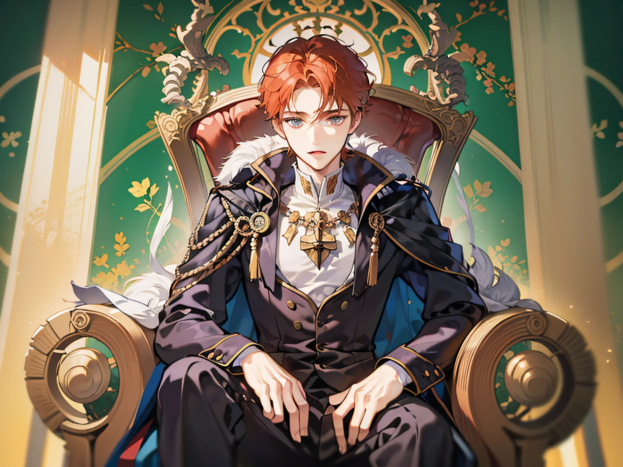 (1 man), (Young redhead man), (short wavy hairstyle), Wearing a black Regal costume, Sitting at the round table, Looking at the camera, Handsome young man, Nobel style, masterpiece artwork, Light Novel Cover Art Illustration, Soft sun lighting,a throne,Prince